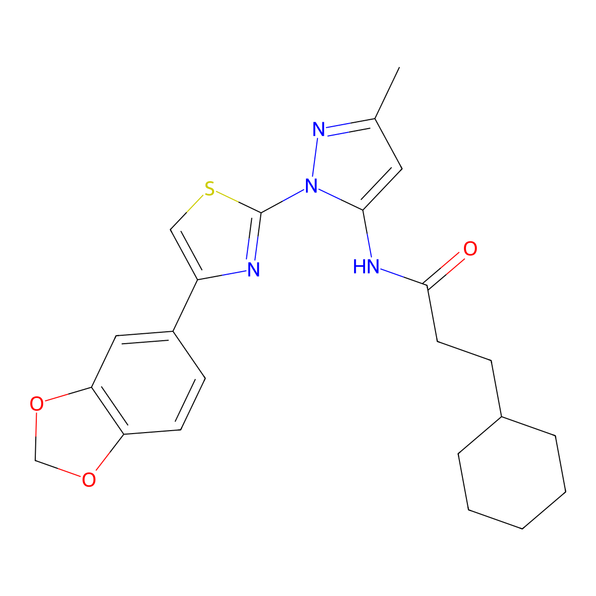 N-(1-(4-(benzo[d][1,3]dioxol-5-yl)thiazol-2-yl)-3-methyl-1H-pyrazol-5-yl)-3-cyclohexylpropanamide molecular structure, CAS 1019096-74-2