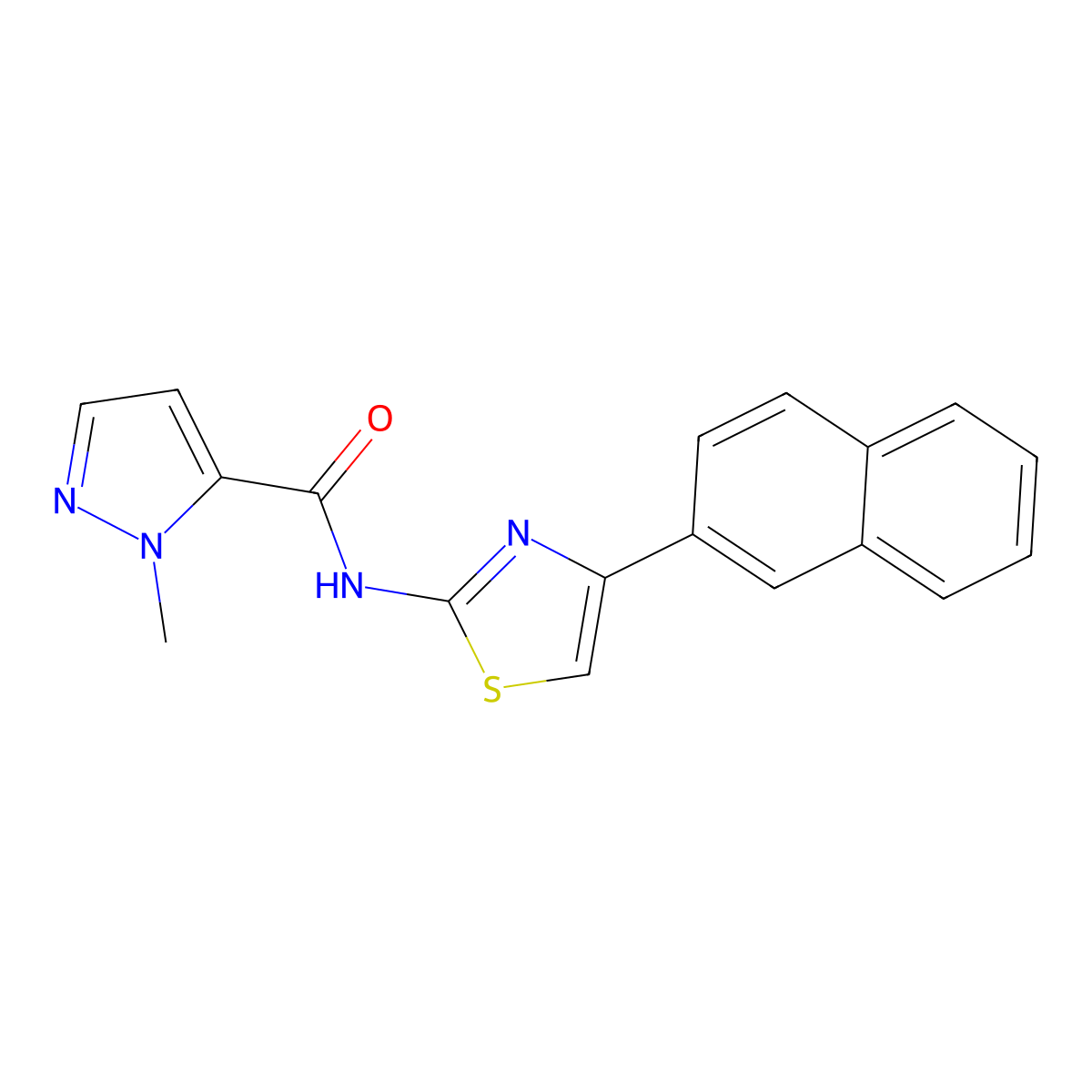 1-methyl-N-(4-(naphthalen-2-yl)thiazol-2-yl)-1H-pyrazole-5-carboxamide molecular structure, CAS 1019096-77-5