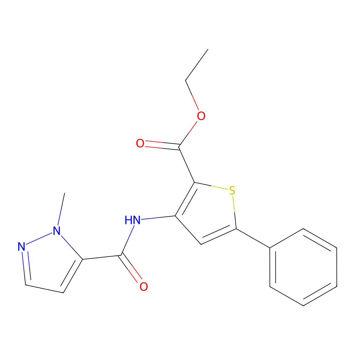 ethyl 3-(1-methyl-1H-pyrazole-5-amido)-5-phenylthiophene-2-carboxylate molecular structure, CAS 1019096-83-3