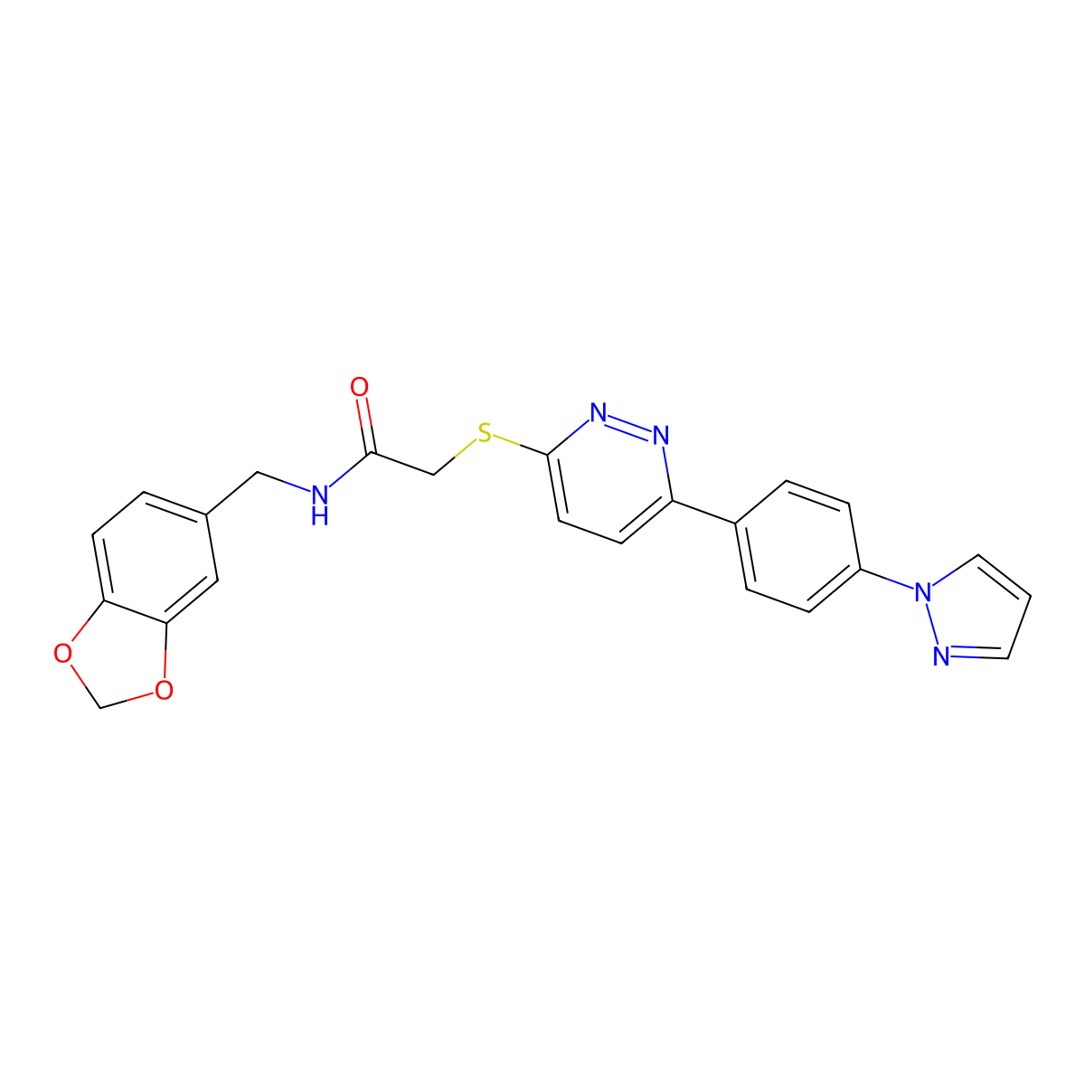 2-((6-(4-(1H-pyrazol-1-yl)phenyl)pyridazin-3-yl)thio)-N-(benzo[d][1,3]dioxol-5-ylmethyl)acetamide molecular structure, CAS 1019096-87-7