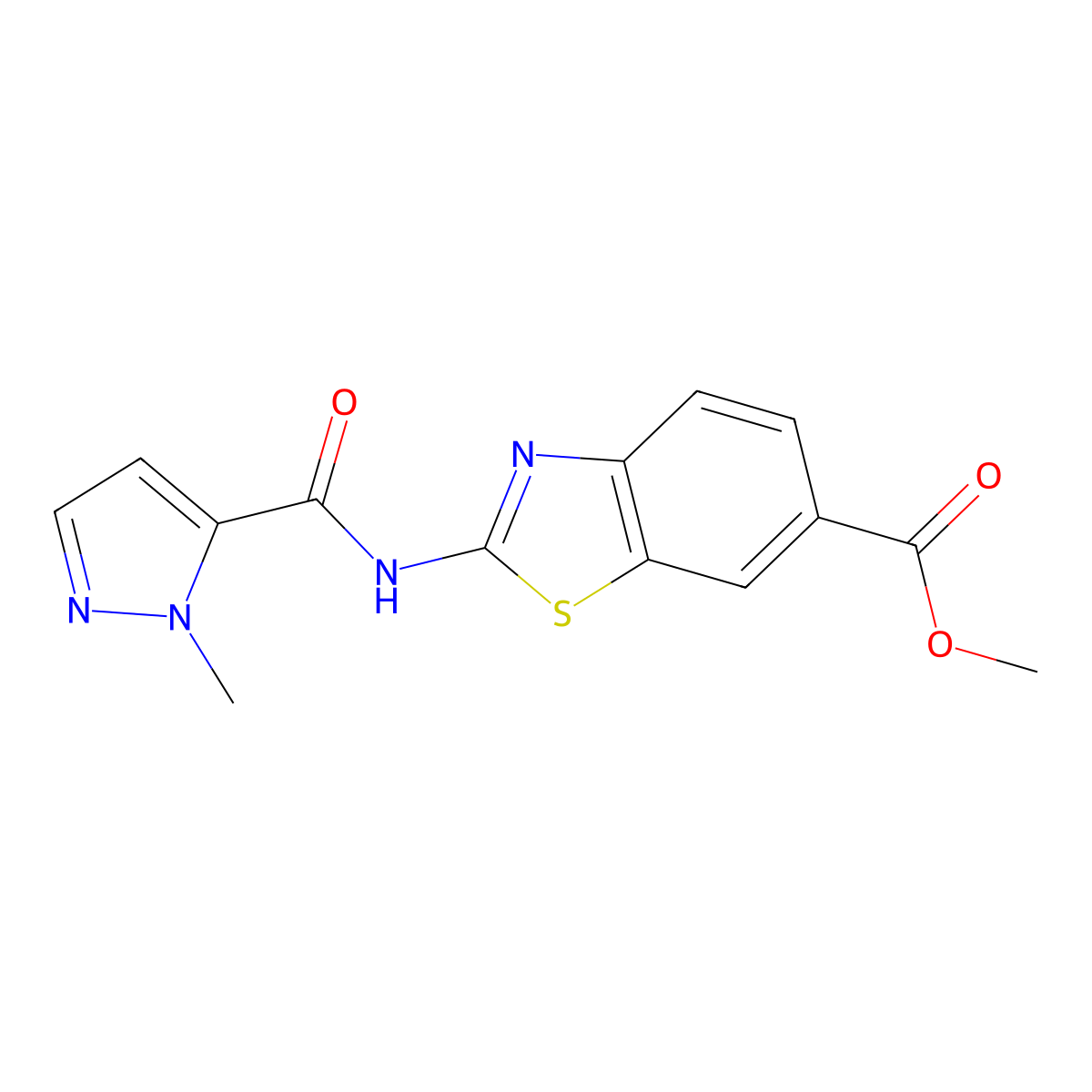 methyl 2-(1-methyl-1H-pyrazole-5-amido)-1,3-benzothiazole-6-carboxylate molecular structure, CAS 1019096-91-3