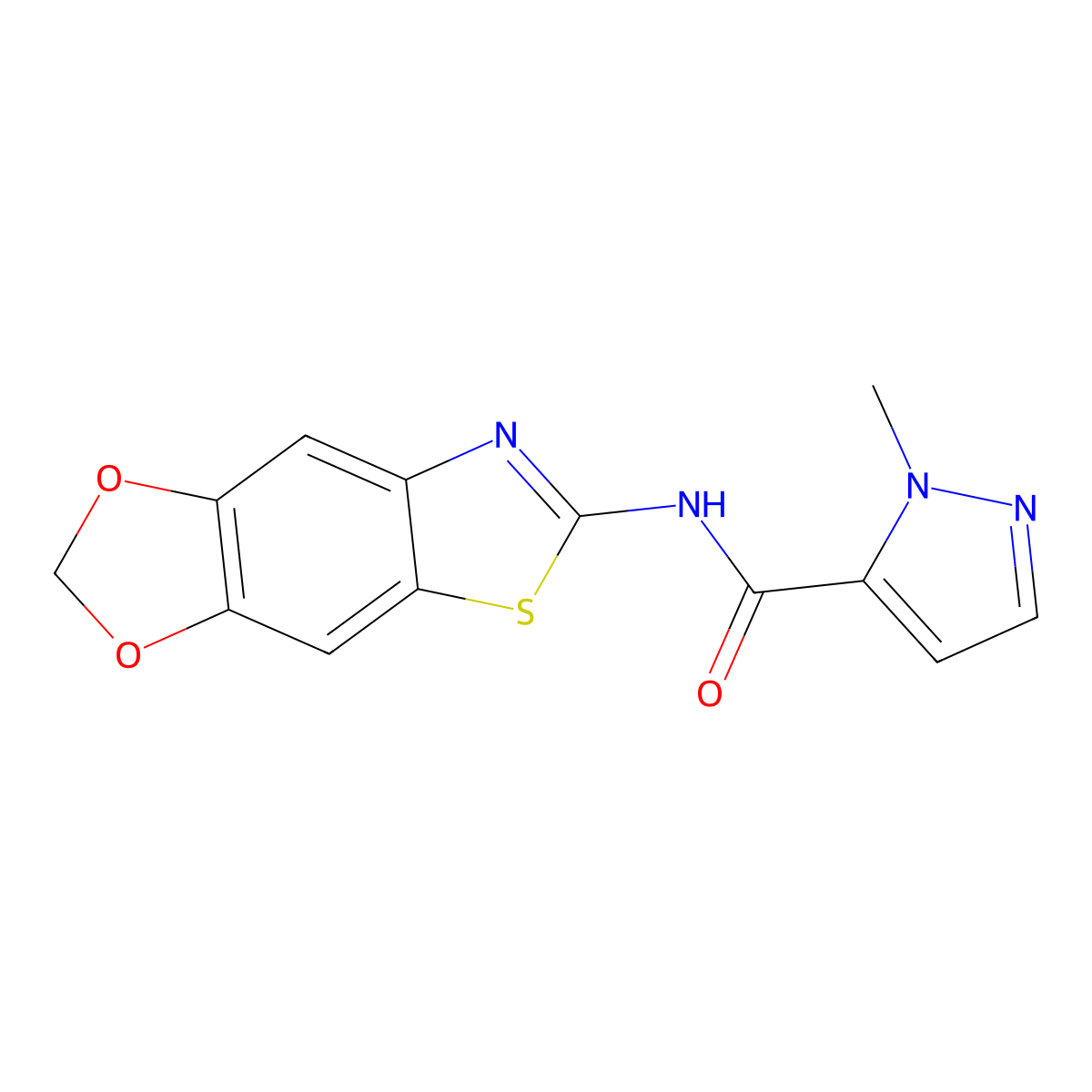 N-([1,3]dioxolo[4',5':4,5]benzo[1,2-d]thiazol-6-yl)-1-methyl-1H-pyrazole-5-carboxamide molecular structure, CAS 1019096-93-5
