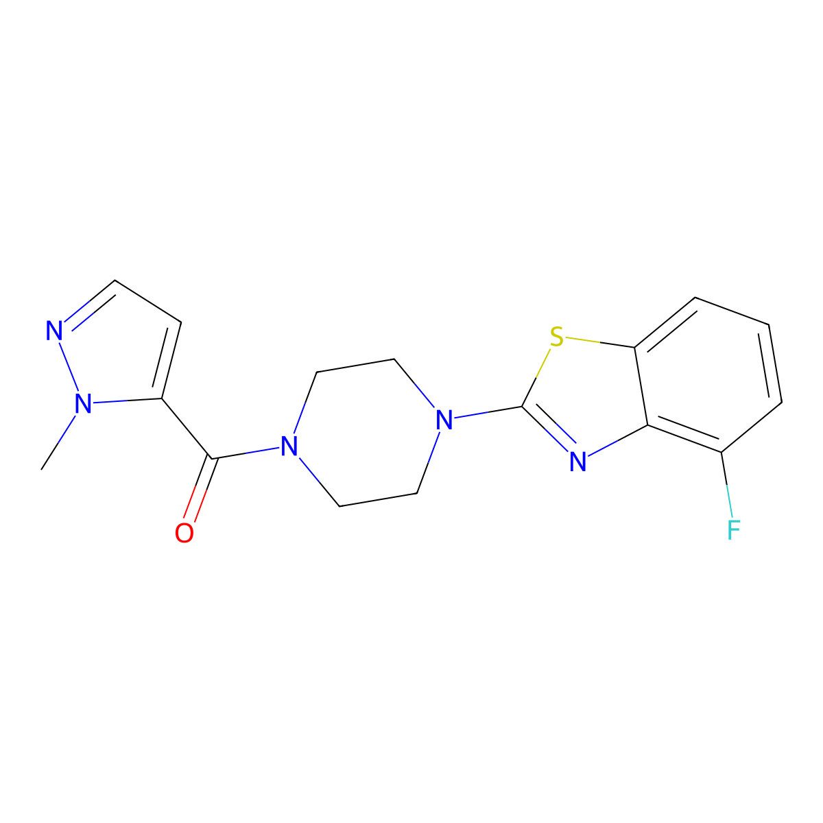4-fluoro-2-[4-(1-methyl-1H-pyrazole-5-carbonyl)piperazin-1-yl]-1,3-benzothiazole molecular structure, CAS 1019096-96-8