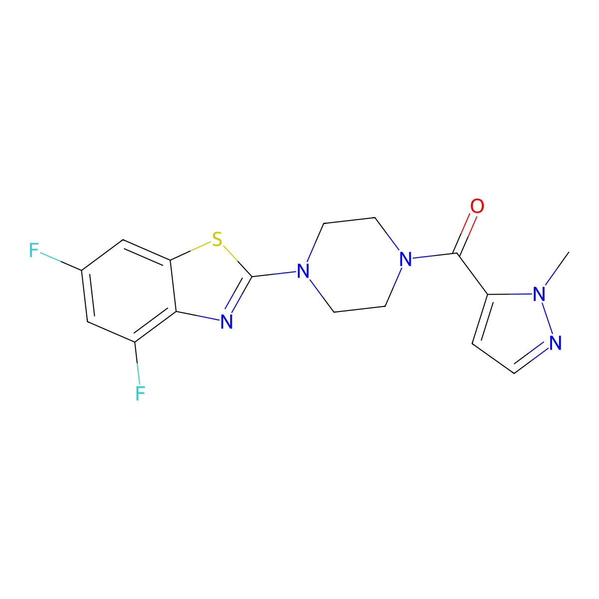 4,6-difluoro-2-[4-(1-methyl-1H-pyrazole-5-carbonyl)piperazin-1-yl]-1,3-benzothiazole molecular structure, CAS 1019096-97-9