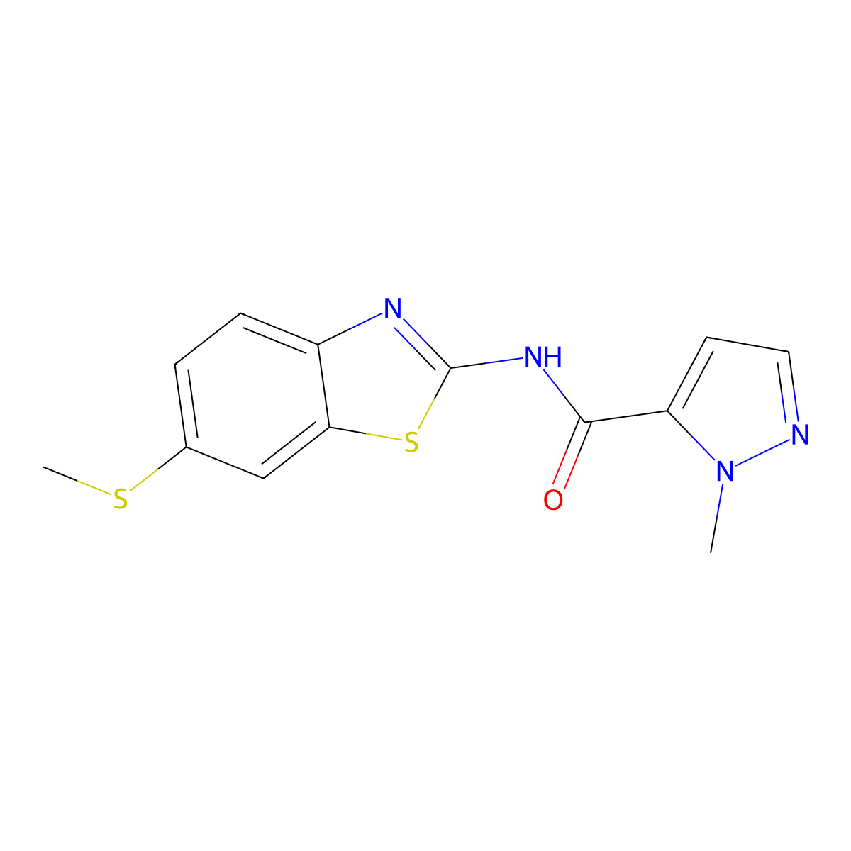 1-methyl-N-[6-(methylsulfanyl)-1,3-benzothiazol-2-yl]-1H-pyrazole-5-carboxamide molecular structure, CAS 1019096-99-1