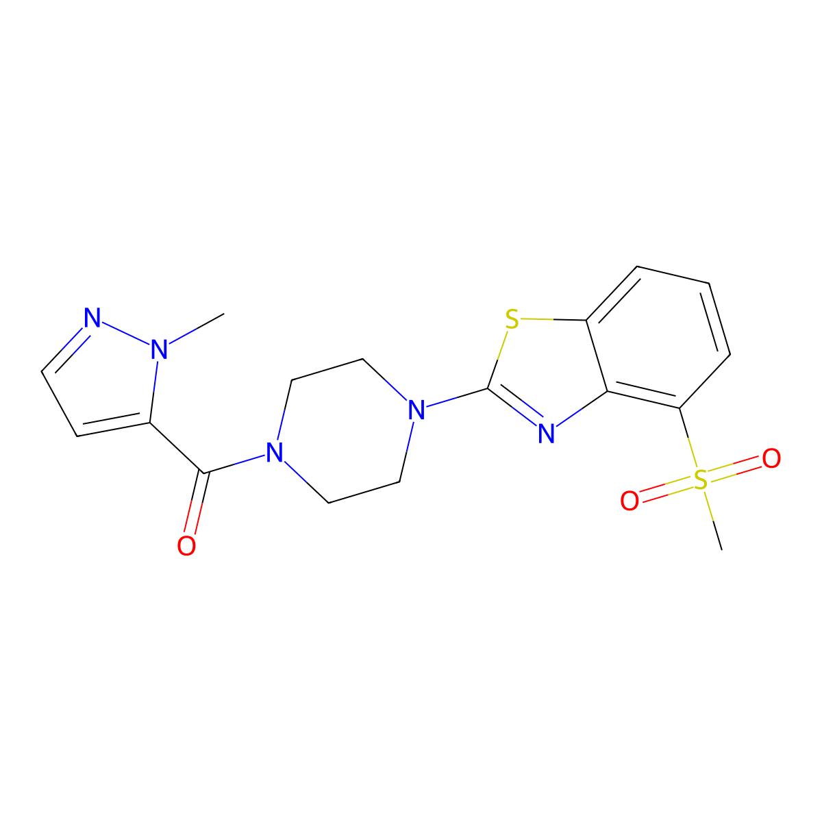 4-methanesulfonyl-2-[4-(1-methyl-1H-pyrazole-5-carbonyl)piperazin-1-yl]-1,3-benzothiazole molecular structure, CAS 1019097-01-8