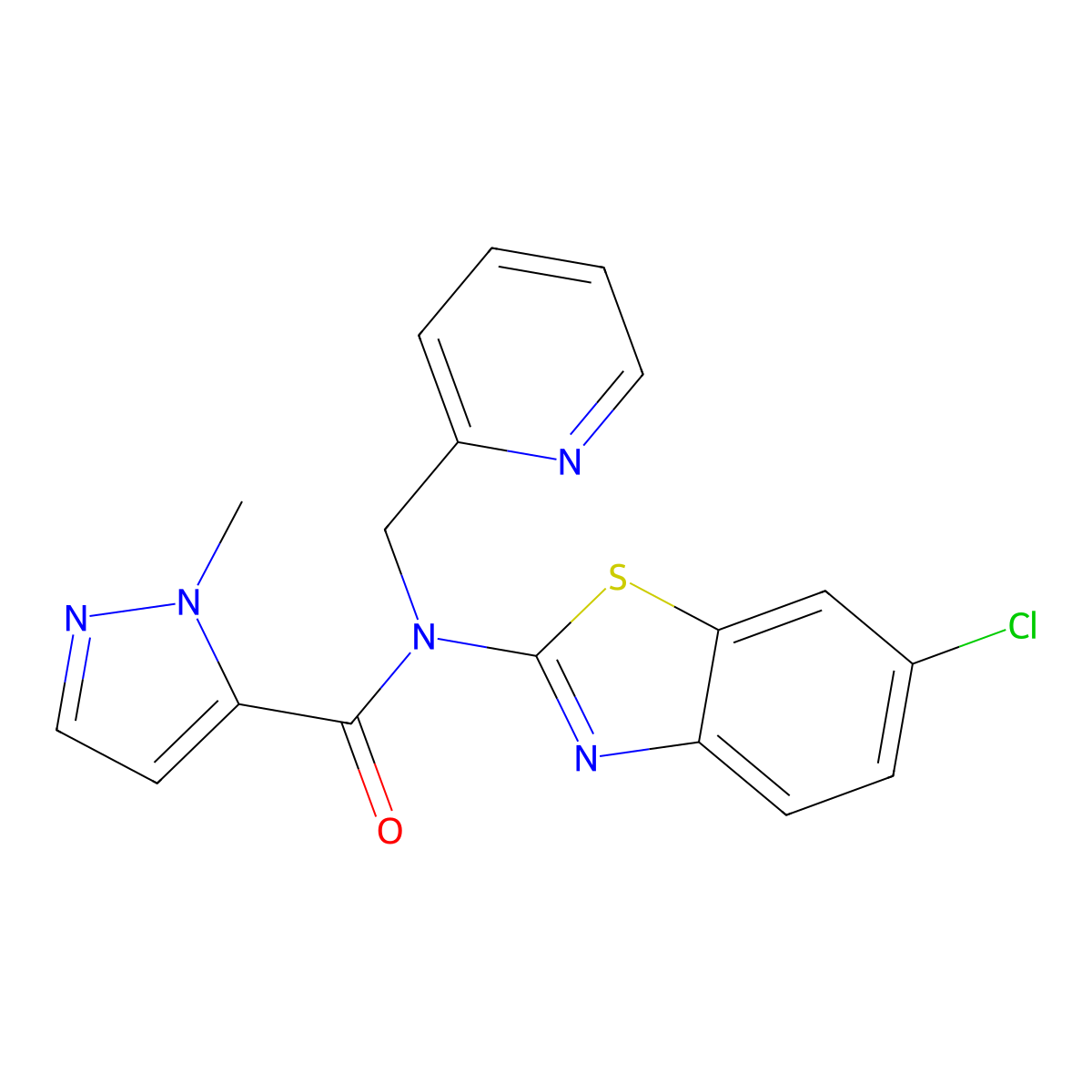 N-(6-chloro-1,3-benzothiazol-2-yl)-1-methyl-N-[(pyridin-2-yl)methyl]-1H-pyrazole-5-carboxamide molecular structure, CAS 1019097-06-3