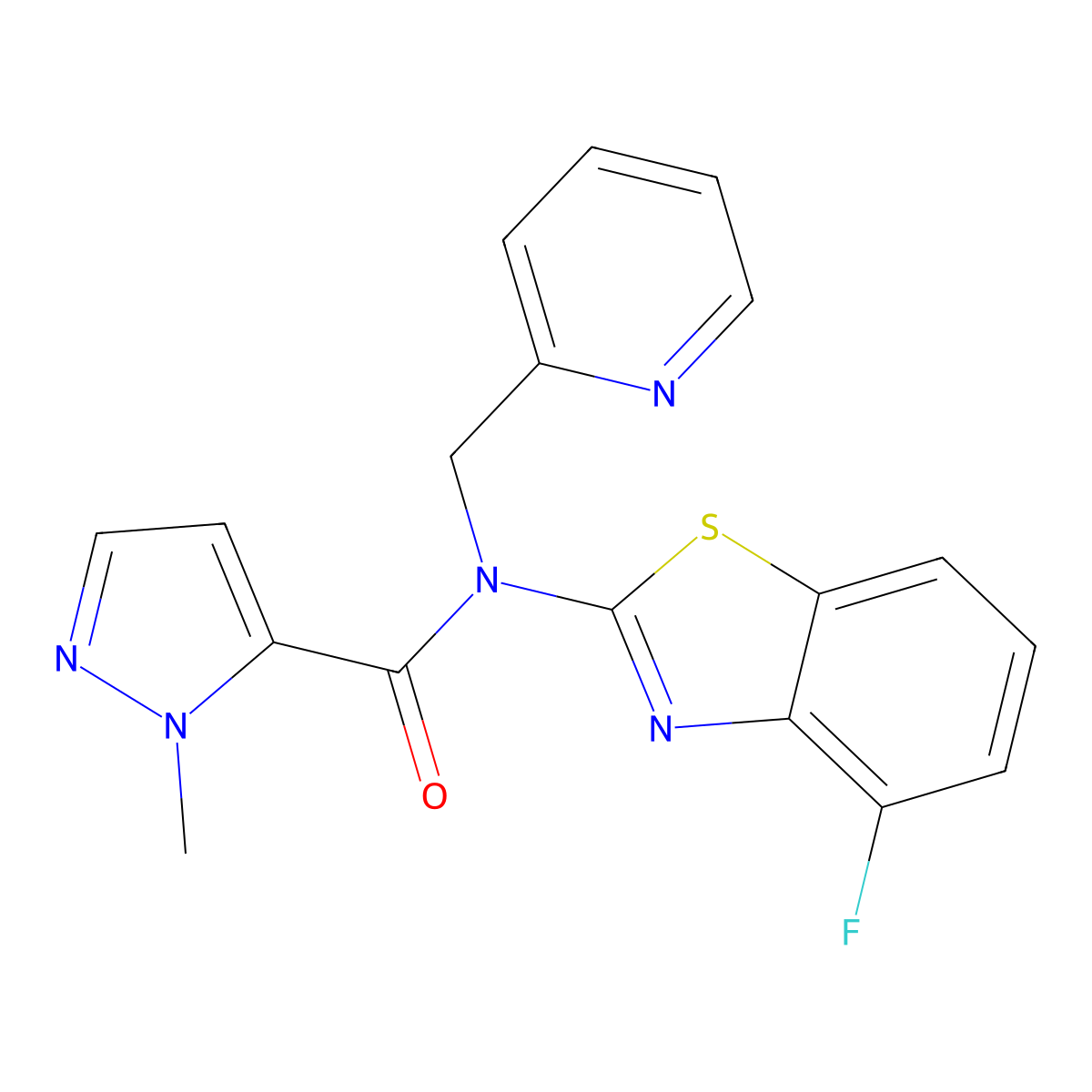 N-(4-fluoro-1,3-benzothiazol-2-yl)-1-methyl-N-[(pyridin-2-yl)methyl]-1H-pyrazole-5-carboxamide molecular structure, CAS 1019097-08-5