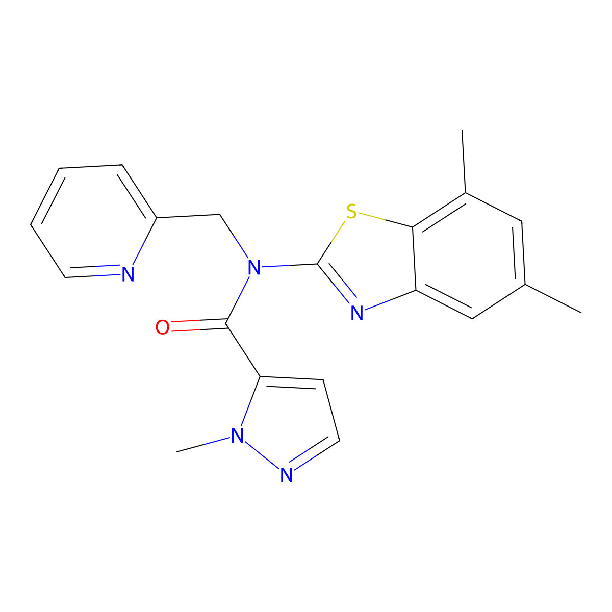 N-(5,7-dimethyl-1,3-benzothiazol-2-yl)-1-methyl-N-[(pyridin-2-yl)methyl]-1H-pyrazole-5-carboxamide molecular structure, CAS 1019097-09-6