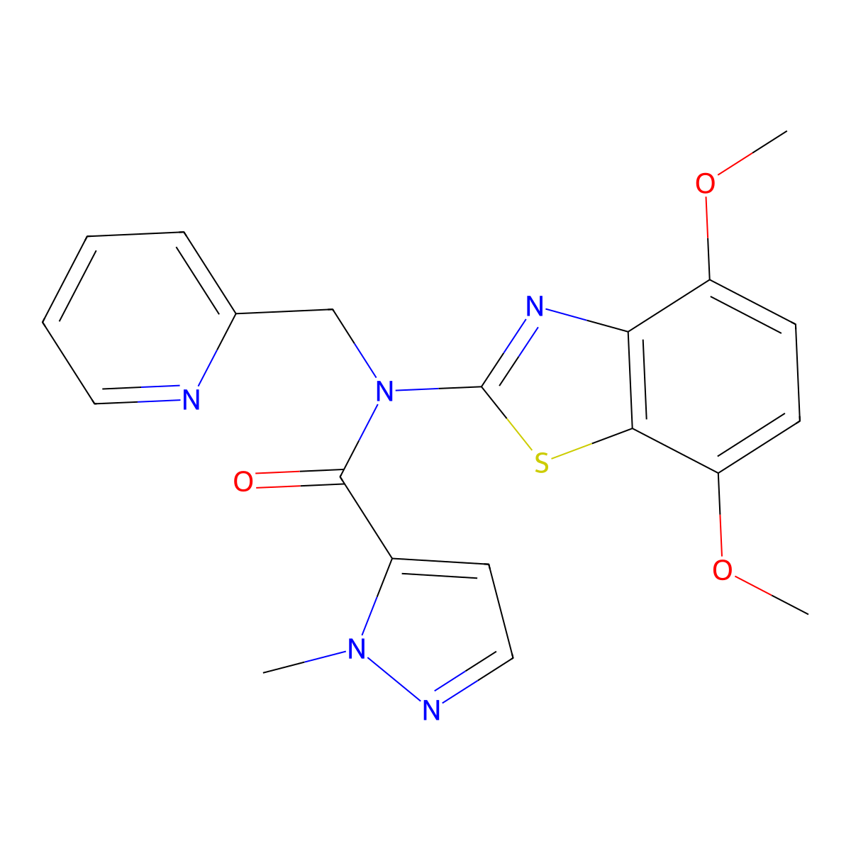 N-(4,7-dimethoxybenzo[d]thiazol-2-yl)-1-methyl-N-(pyridin-2-ylmethyl)-1H-pyrazole-5-carboxamide molecular structure, CAS 1019097-11-0