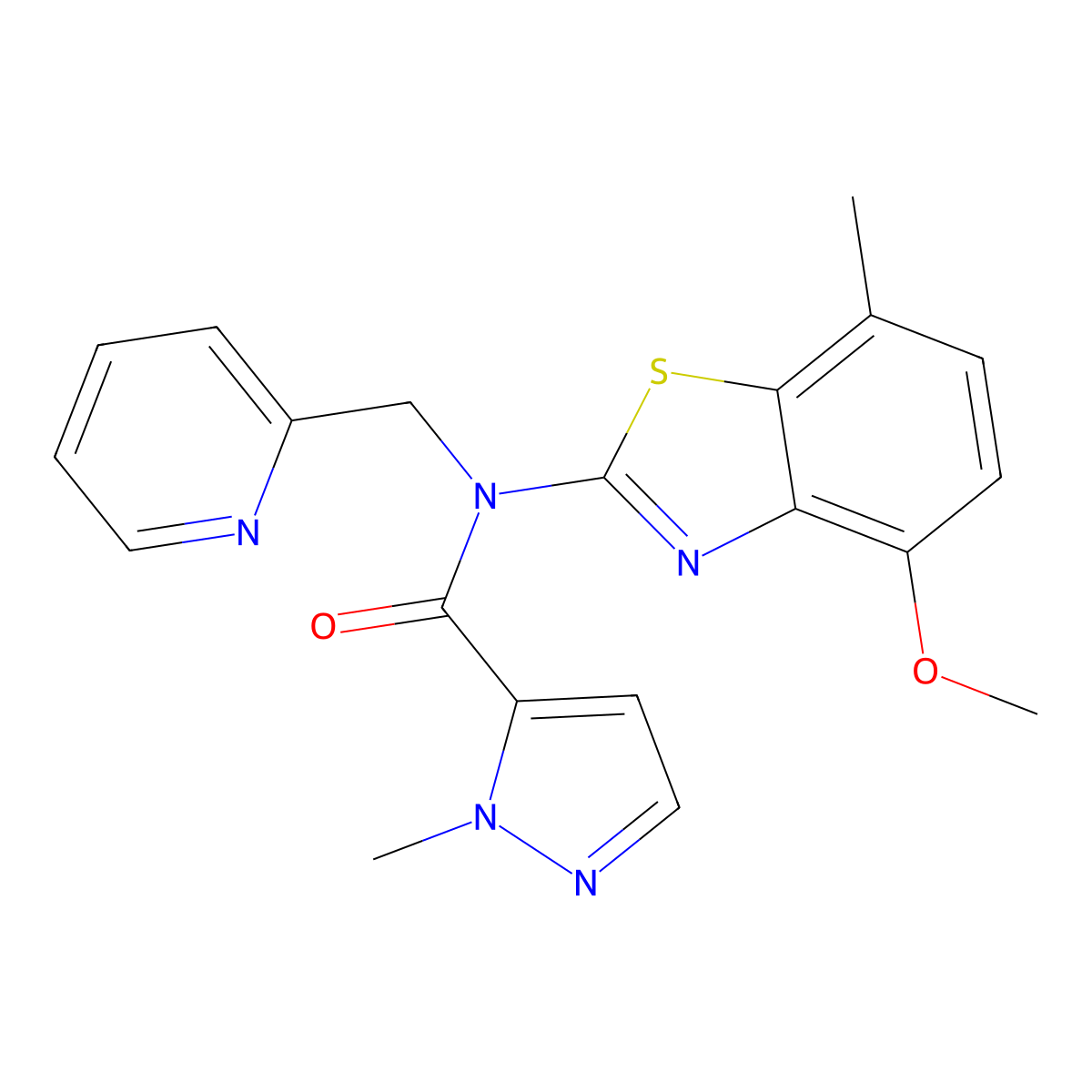 N-(4-methoxy-7-methyl-1,3-benzothiazol-2-yl)-1-methyl-N-[(pyridin-2-yl)methyl]-1H-pyrazole-5-carboxamide molecular structure, CAS 1019097-12-1