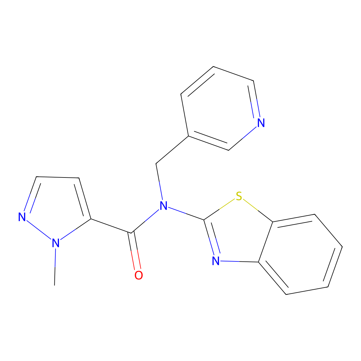 N-(1,3-benzothiazol-2-yl)-1-methyl-N-[(pyridin-3-yl)methyl]-1H-pyrazole-5-carboxamide molecular structure, CAS 1019097-15-4