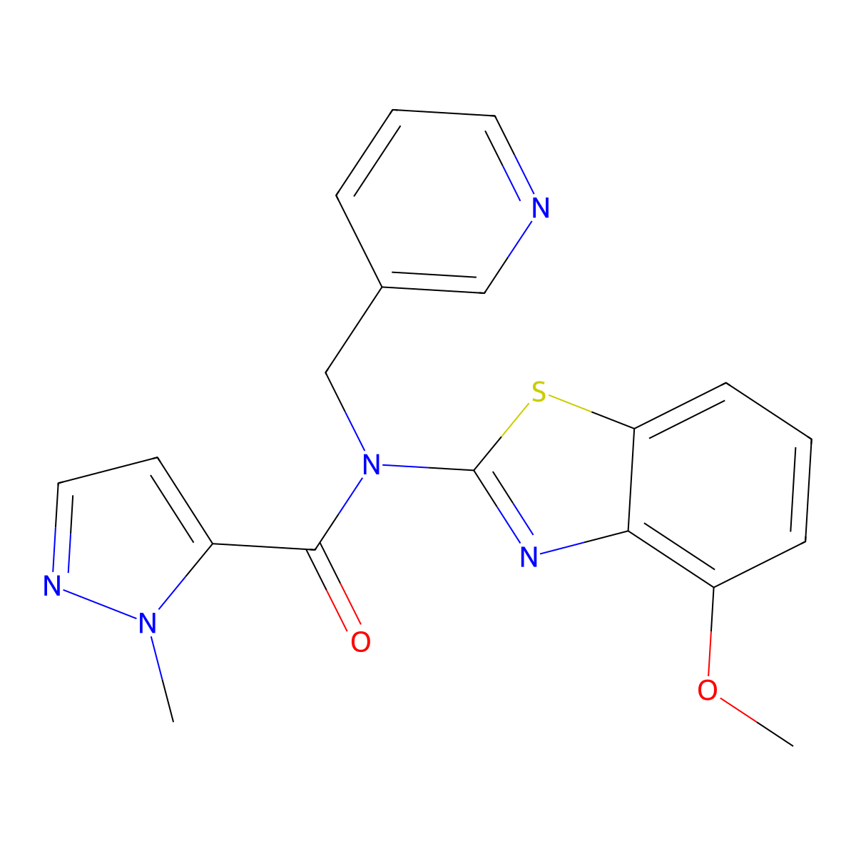 N-(4-methoxy-1,3-benzothiazol-2-yl)-1-methyl-N-[(pyridin-3-yl)methyl]-1H-pyrazole-5-carboxamide molecular structure, CAS 1019097-17-6