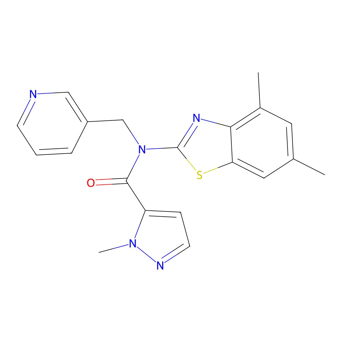 N-(4,6-dimethyl-1,3-benzothiazol-2-yl)-1-methyl-N-[(pyridin-3-yl)methyl]-1H-pyrazole-5-carboxamide molecular structure, CAS 1019097-18-7