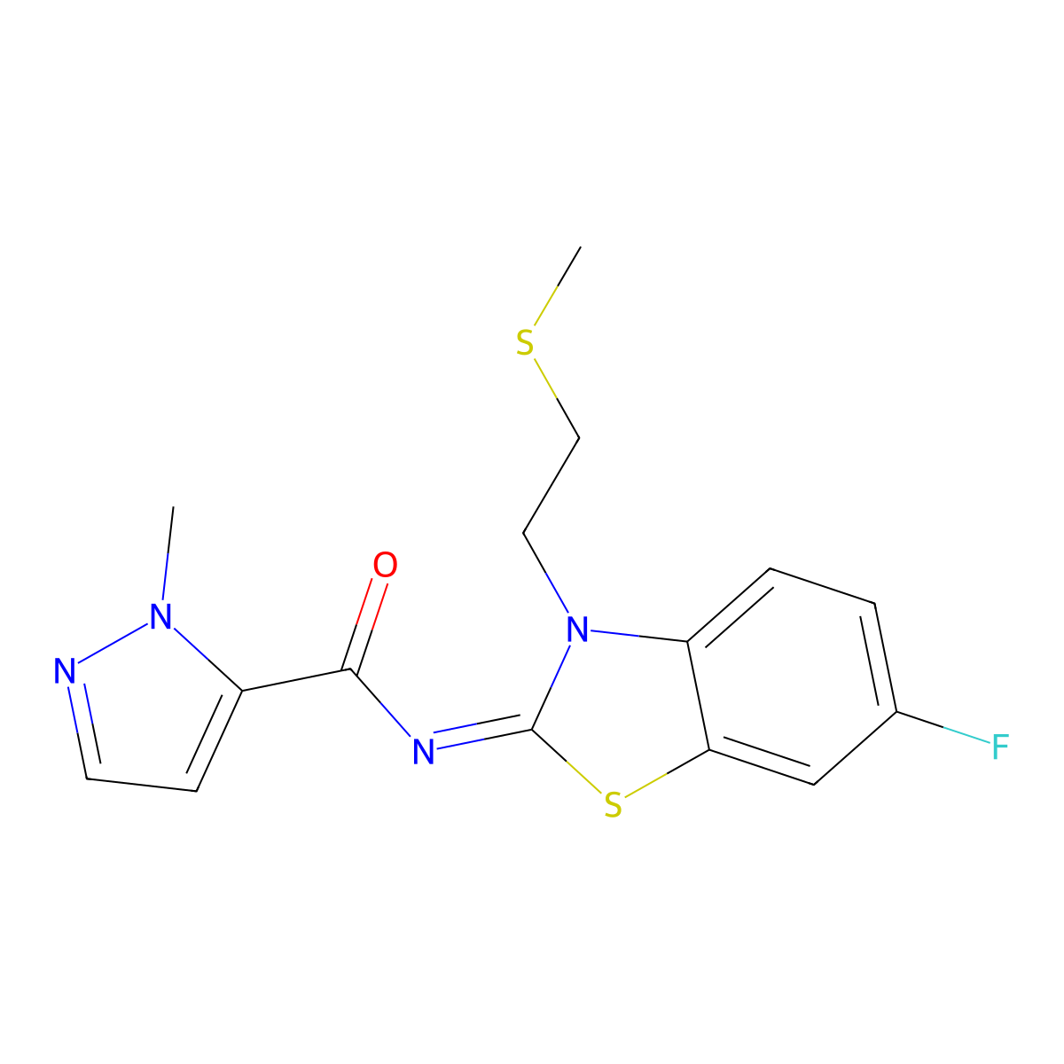N-[(2E)-6-fluoro-3-[2-(methylsulfanyl)ethyl]-2,3-dihydro-1,3-benzothiazol-2-ylidene]-1-methyl-1H-pyrazole-5-carboxamide molecular structure, CAS 1019097-23-4