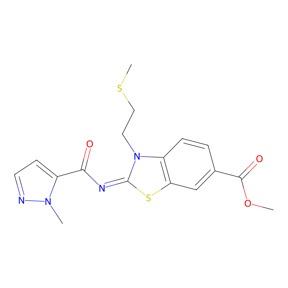 methyl (2E)-2-[(1-methyl-1H-pyrazole-5-carbonyl)imino]-3-[2-(methylsulfanyl)ethyl]-2,3-dihydro-1,3-benzothiazole-6-carboxylate molecular structure, CAS 1019097-24-5