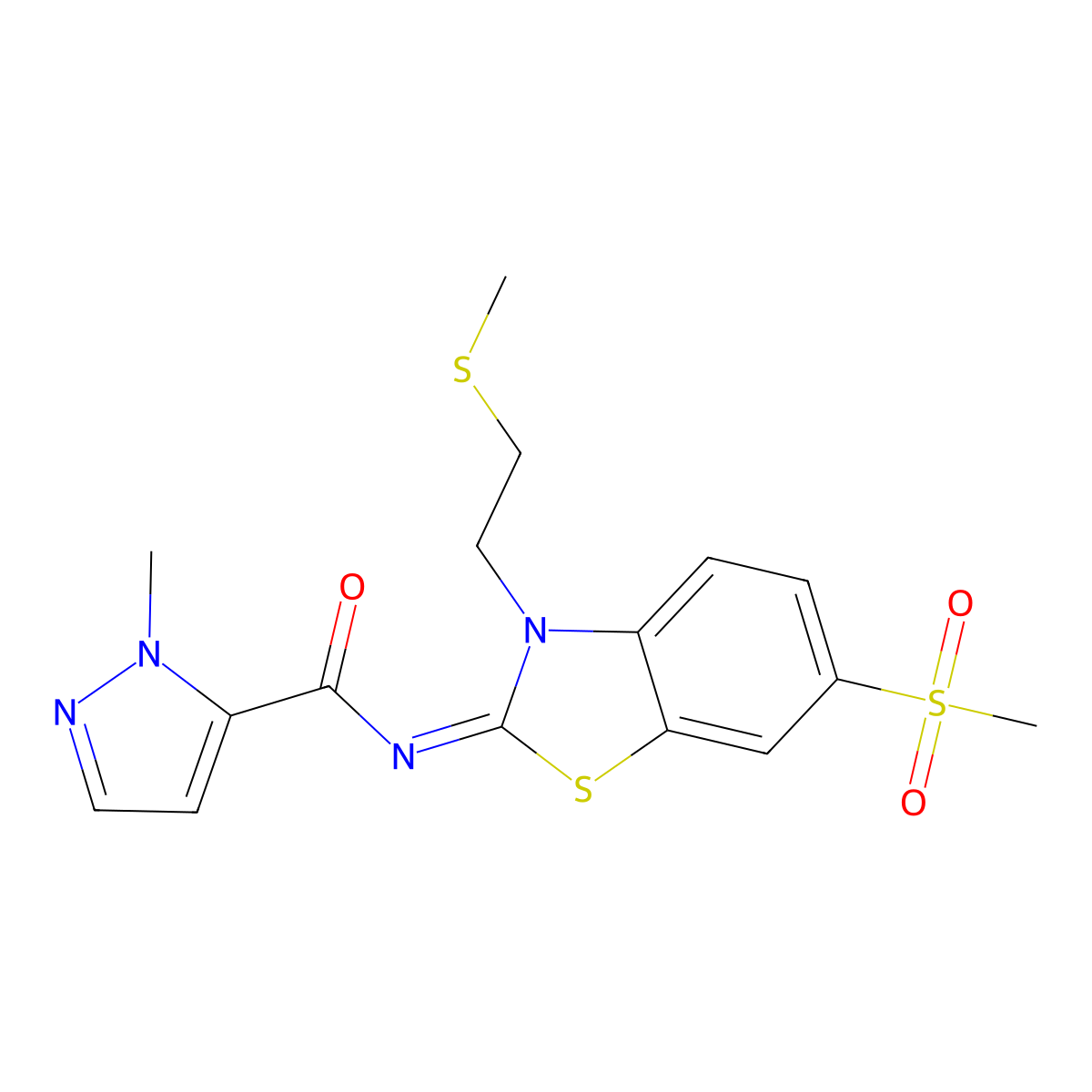 (E)-1-methyl-N-(6-(methylsulfonyl)-3-(2-(methylthio)ethyl)benzo[d]thiazol-2(3H)-ylidene)-1H-pyrazole-5-carboxamide molecular structure, CAS 1019097-25-6