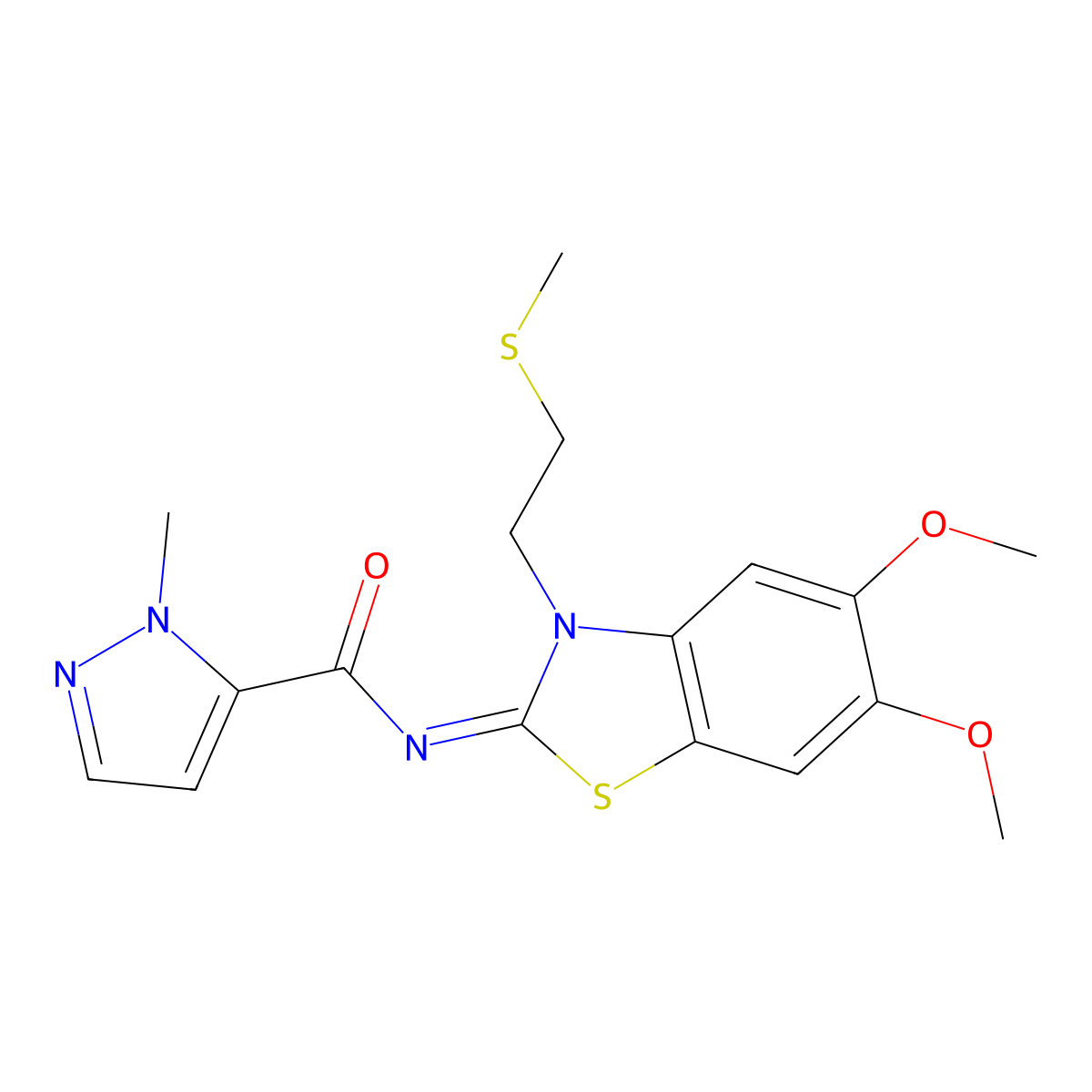 (E)-N-(5,6-dimethoxy-3-(2-(methylthio)ethyl)benzo[d]thiazol-2(3H)-ylidene)-1-methyl-1H-pyrazole-5-carboxamide molecular structure, CAS 1019097-26-7