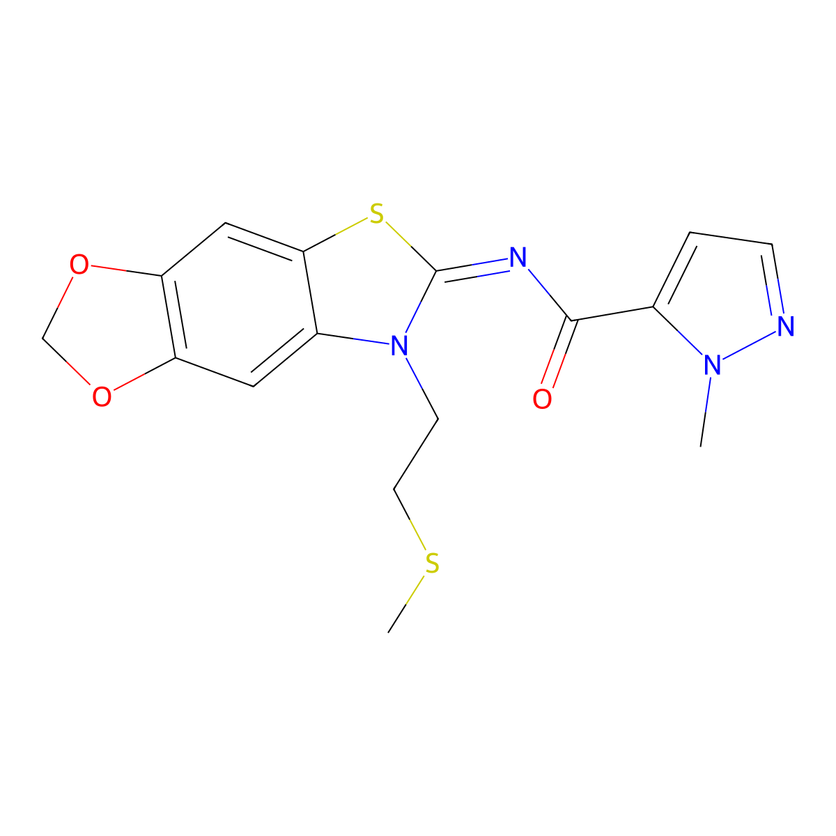 1-methyl-N-[(11E)-12-[2-(methylsulfanyl)ethyl]-4,6-dioxa-10-thia-12-azatricyclo[7.3.0.0^{3,7}]dodeca-1(9),2,7-trien-11-ylidene]-1H-pyrazole-5-carboxamide molecular structure, CAS 1019097-27-8