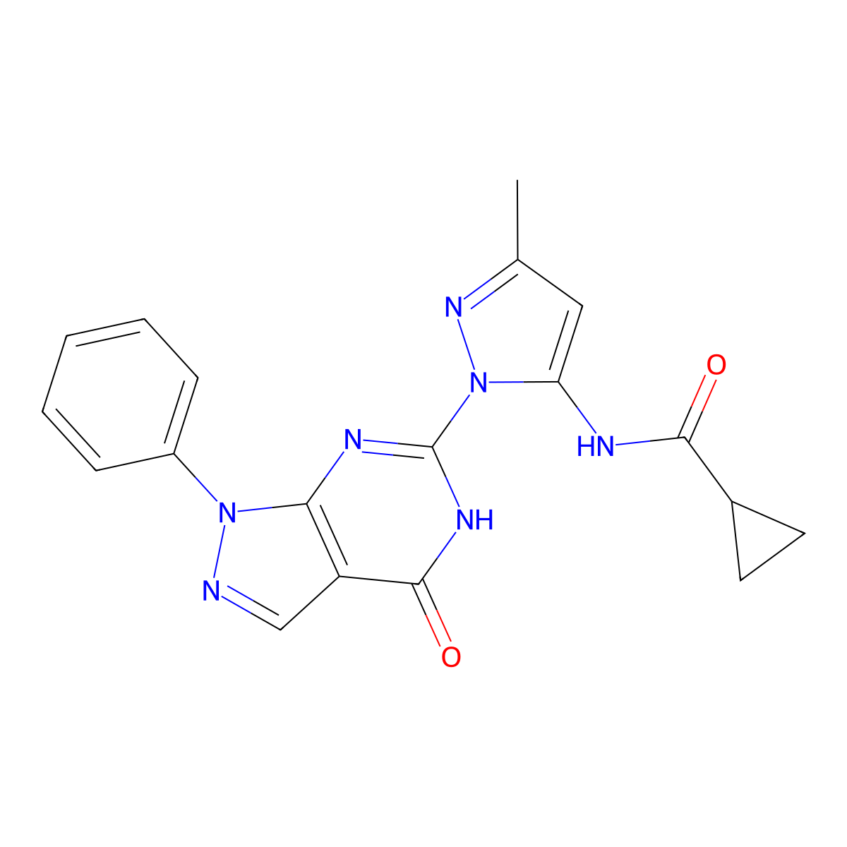 N-(3-methyl-1-(4-oxo-1-phenyl-4,5-dihydro-1H-pyrazolo[3,4-d]pyrimidin-6-yl)-1H-pyrazol-5-yl)cyclopropanecarboxamide molecular structure, CAS 1019097-32-5