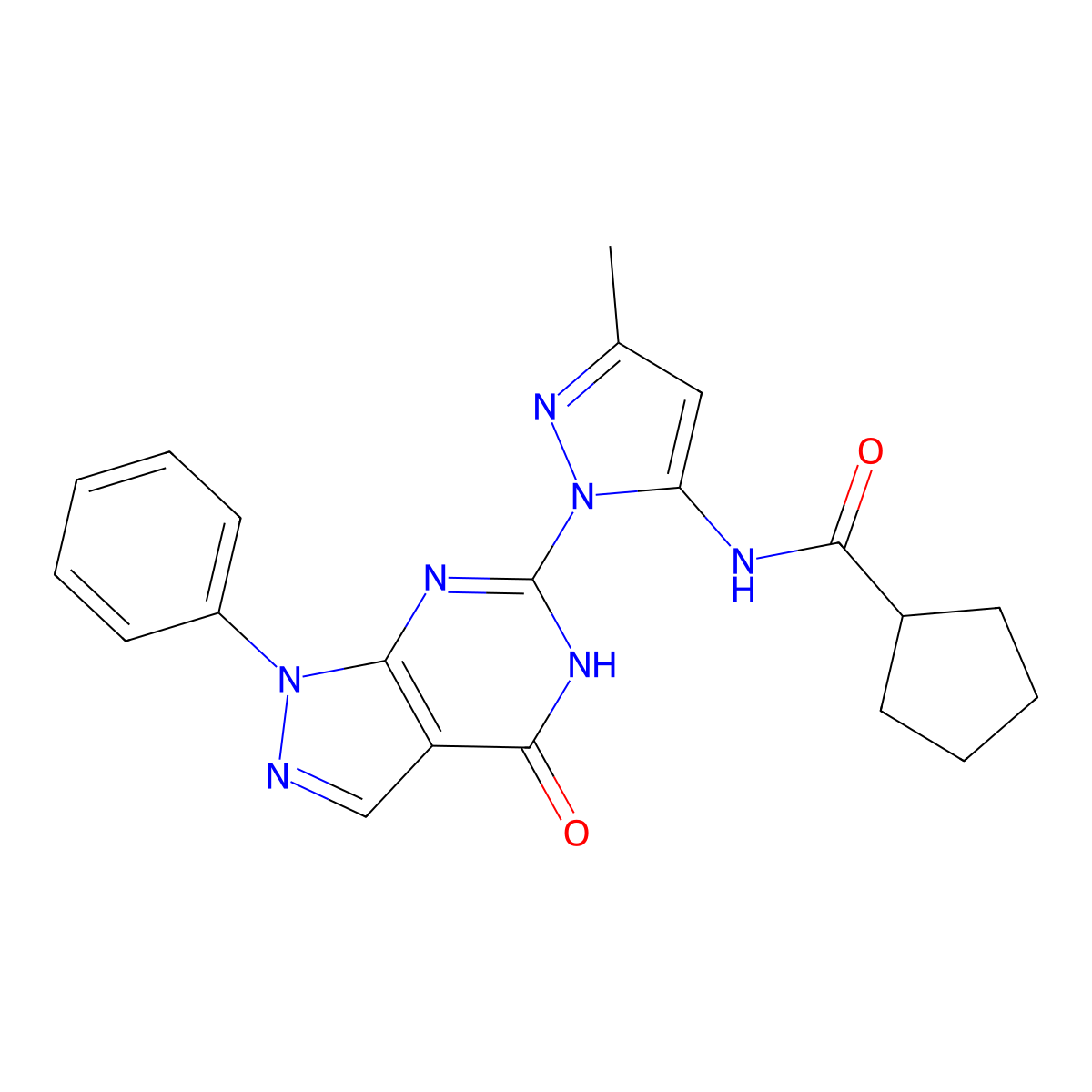 N-(3-methyl-1-(4-oxo-1-phenyl-4,5-dihydro-1H-pyrazolo[3,4-d]pyrimidin-6-yl)-1H-pyrazol-5-yl)cyclopentanecarboxamide molecular structure, CAS 1019097-33-6