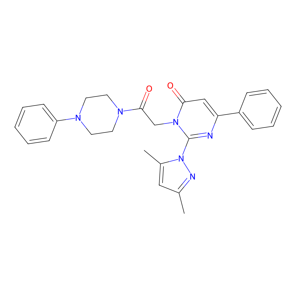 2-(3,5-dimethyl-1H-pyrazol-1-yl)-3-[2-oxo-2-(4-phenylpiperazin-1-yl)ethyl]-6-phenyl-3,4-dihydropyrimidin-4-one molecular structure, CAS 1019097-35-8