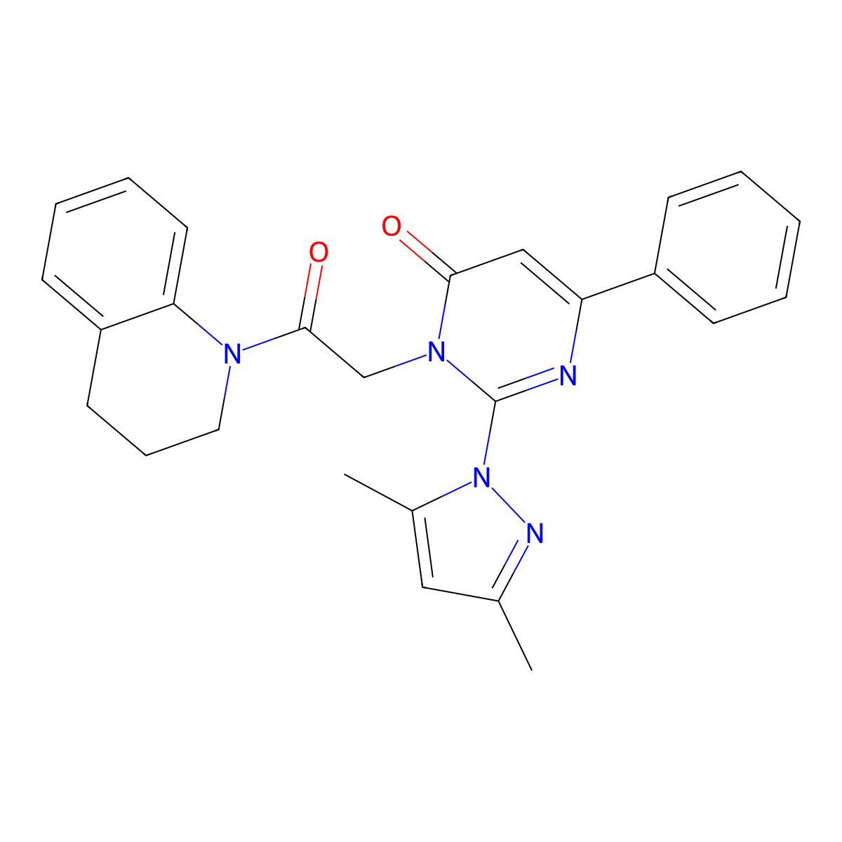 2-(3,5-dimethyl-1H-pyrazol-1-yl)-3-[2-oxo-2-(1,2,3,4-tetrahydroquinolin-1-yl)ethyl]-6-phenyl-3,4-dihydropyrimidin-4-one molecular structure, CAS 1019097-37-0