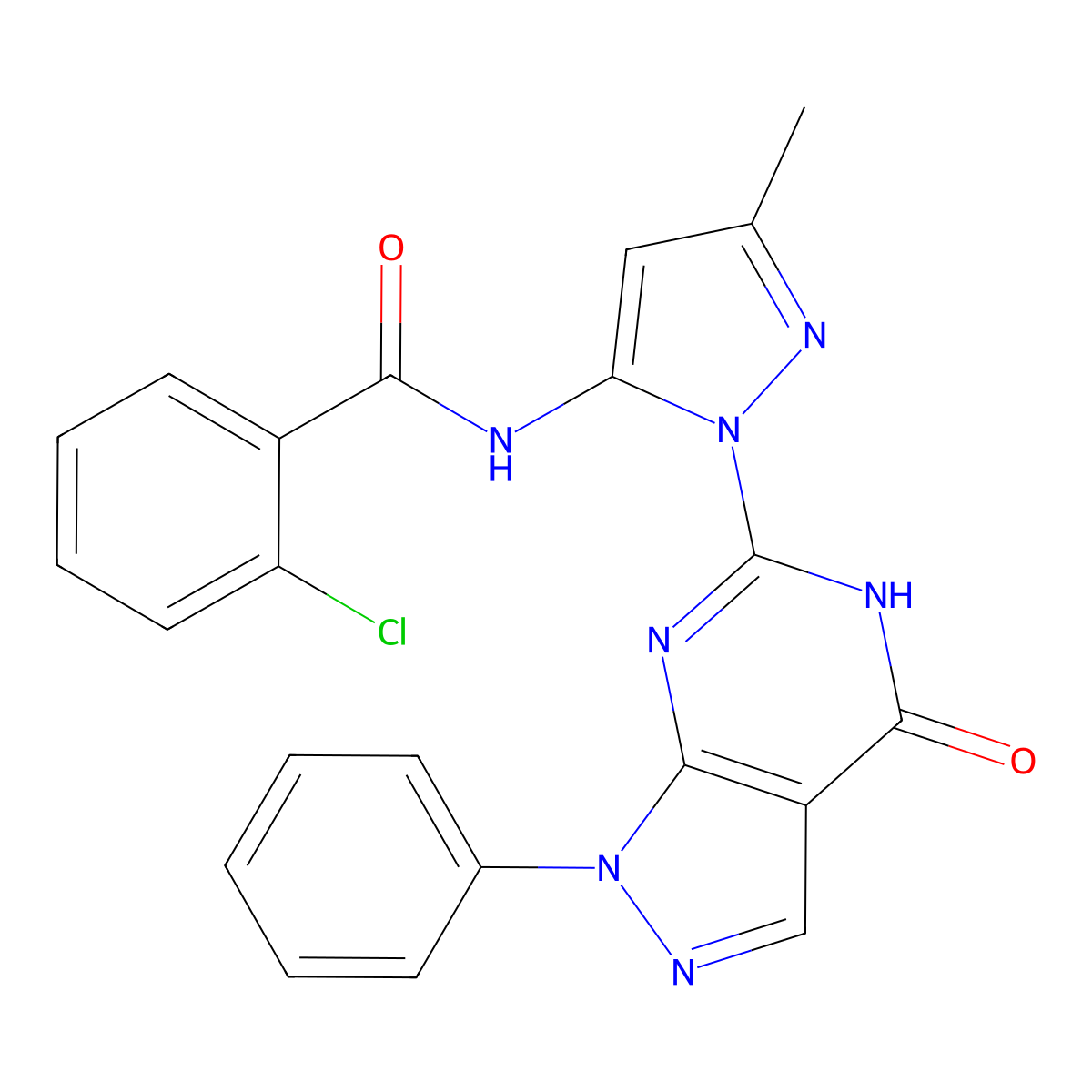 2-chloro-N-(3-methyl-1-(4-oxo-1-phenyl-4,5-dihydro-1H-pyrazolo[3,4-d]pyrimidin-6-yl)-1H-pyrazol-5-yl)benzamide molecular structure, CAS 1019097-38-1