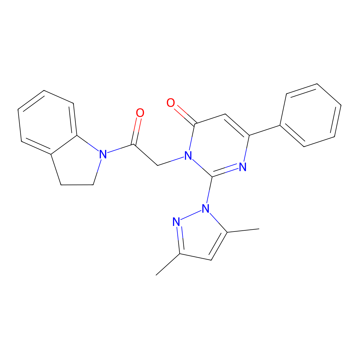 2-(3,5-dimethyl-1H-pyrazol-1-yl)-3-(2-(indolin-1-yl)-2-oxoethyl)-6-phenylpyrimidin-4(3H)-one molecular structure, CAS 1019097-39-2