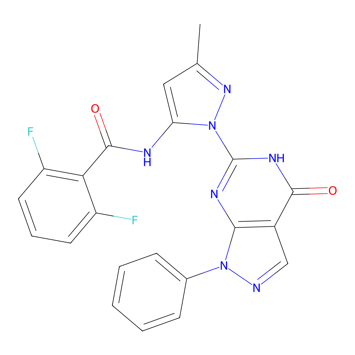 2,6-difluoro-N-(3-methyl-1-(4-oxo-1-phenyl-4,5-dihydro-1H-pyrazolo[3,4-d]pyrimidin-6-yl)-1H-pyrazol-5-yl)benzamide molecular structure, CAS 1019097-40-5