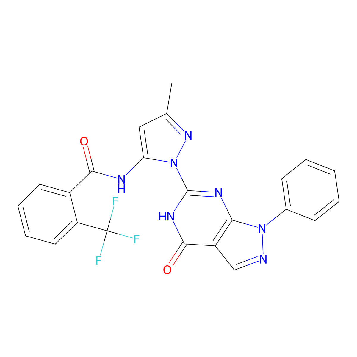 N-(3-methyl-1-(4-oxo-1-phenyl-4,5-dihydro-1H-pyrazolo[3,4-d]pyrimidin-6-yl)-1H-pyrazol-5-yl)-2-(trifluoromethyl)benzamide molecular structure, CAS 1019097-42-7