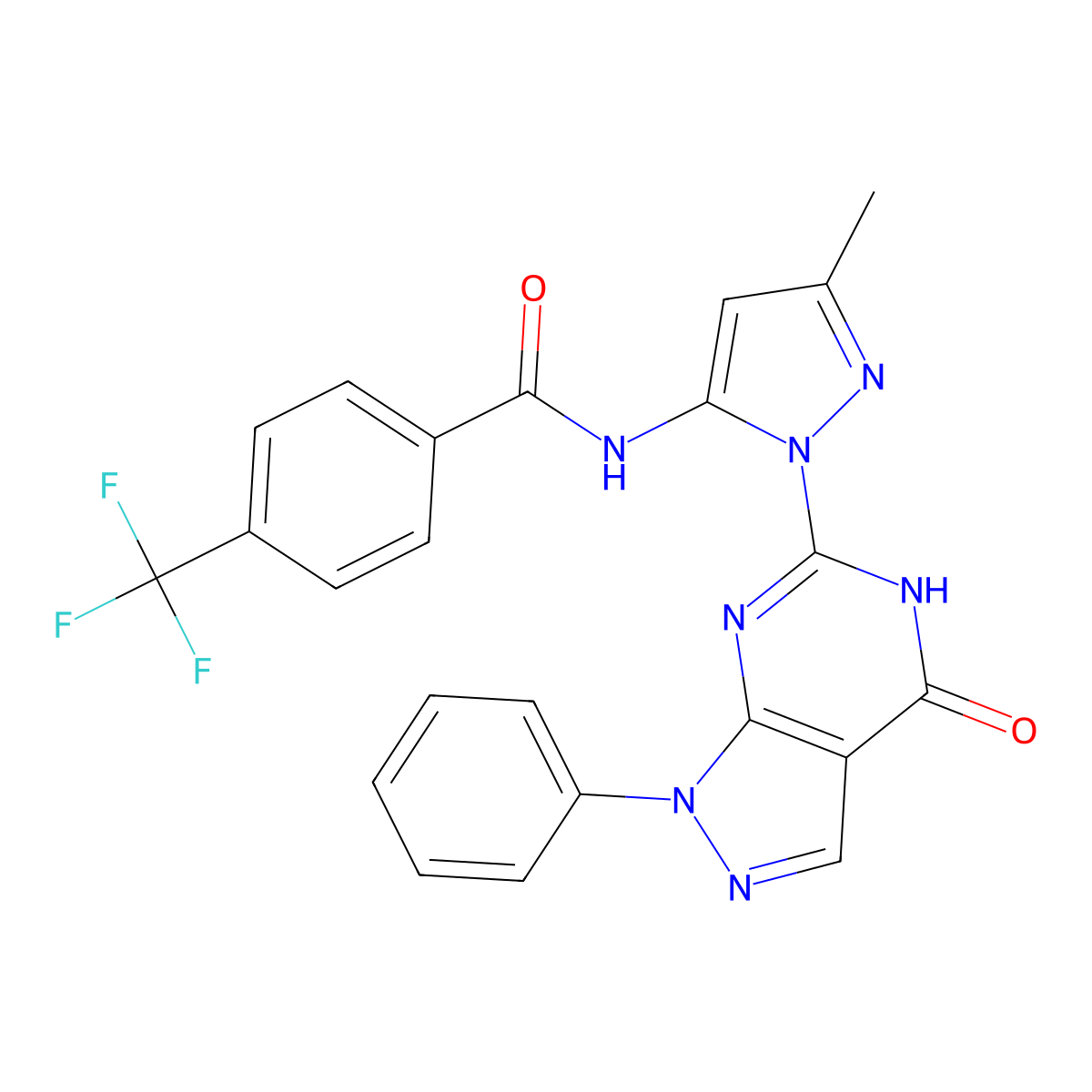 N-(3-methyl-1-(4-oxo-1-phenyl-4,5-dihydro-1H-pyrazolo[3,4-d]pyrimidin-6-yl)-1H-pyrazol-5-yl)-4-(trifluoromethyl)benzamide molecular structure, CAS 1019097-44-9