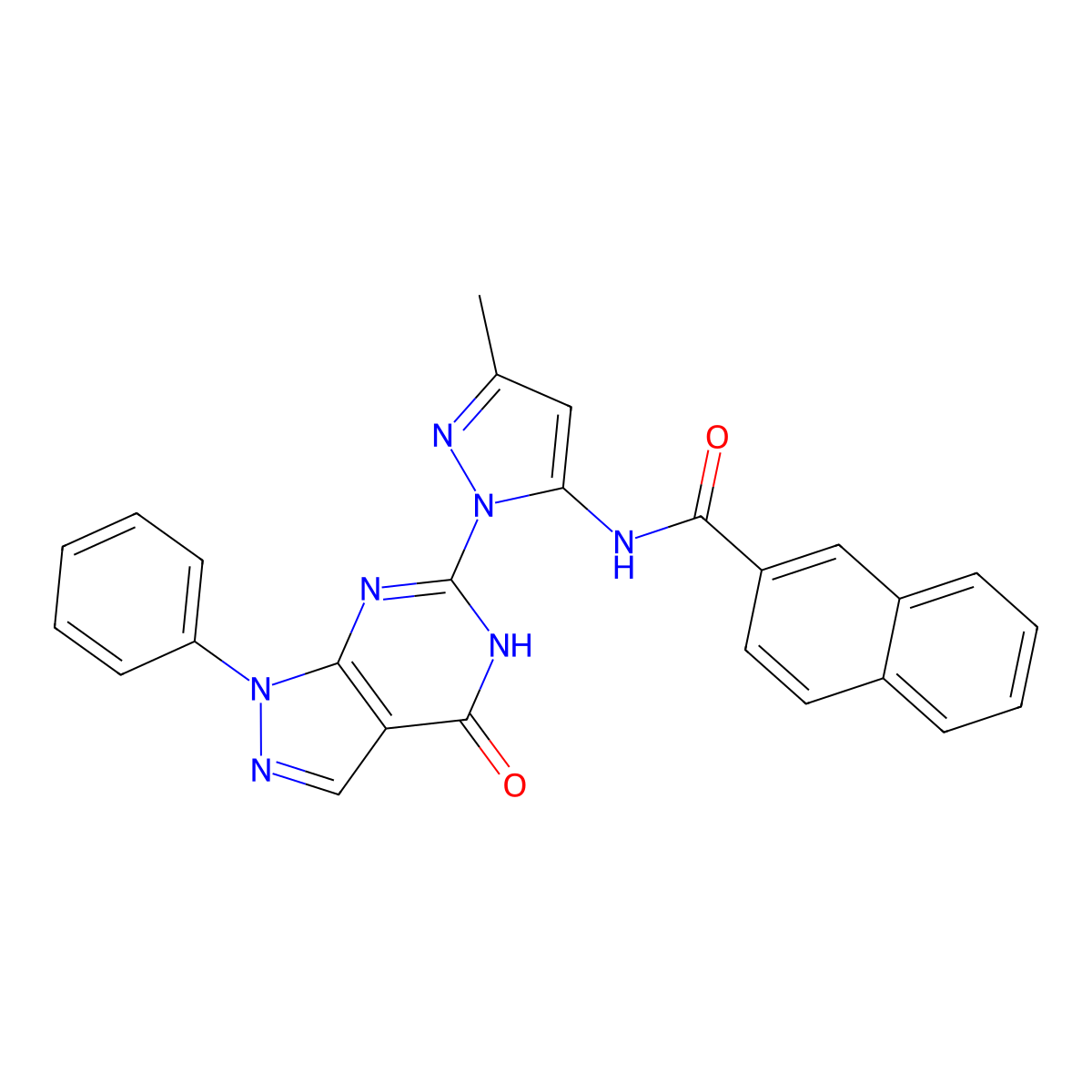 N-(3-methyl-1-(4-oxo-1-phenyl-4,5-dihydro-1H-pyrazolo[3,4-d]pyrimidin-6-yl)-1H-pyrazol-5-yl)-2-naphthamide molecular structure, CAS 1019097-46-1
