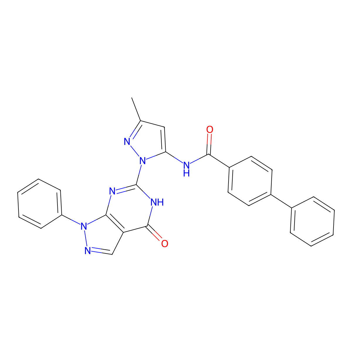 N-(3-methyl-1-(4-oxo-1-phenyl-4,5-dihydro-1H-pyrazolo[3,4-d]pyrimidin-6-yl)-1H-pyrazol-5-yl)-[1,1'-biphenyl]-4-carboxamide molecular structure, CAS 1019097-49-4