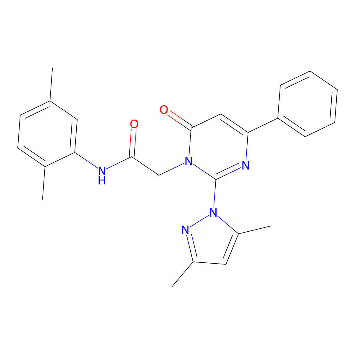 2-(2-(3,5-dimethyl-1H-pyrazol-1-yl)-6-oxo-4-phenylpyrimidin-1(6H)-yl)-N-(2,5-dimethylphenyl)acetamide molecular structure, CAS 1019097-51-8