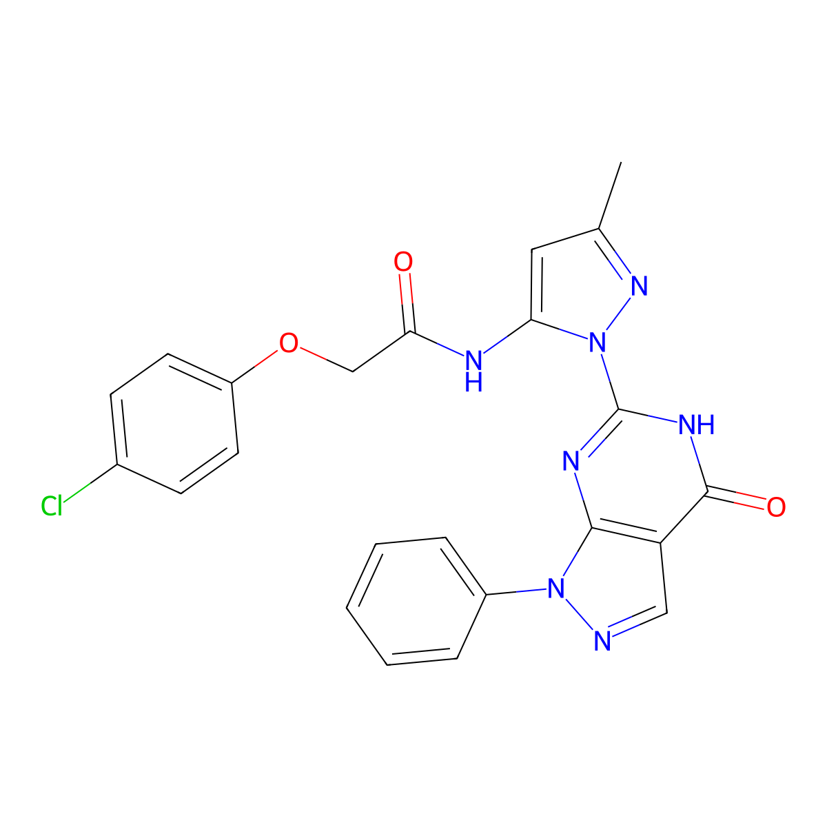 2-(4-chlorophenoxy)-N-(3-methyl-1-(4-oxo-1-phenyl-4,5-dihydro-1H-pyrazolo[3,4-d]pyrimidin-6-yl)-1H-pyrazol-5-yl)acetamide molecular structure, CAS 1019097-55-2