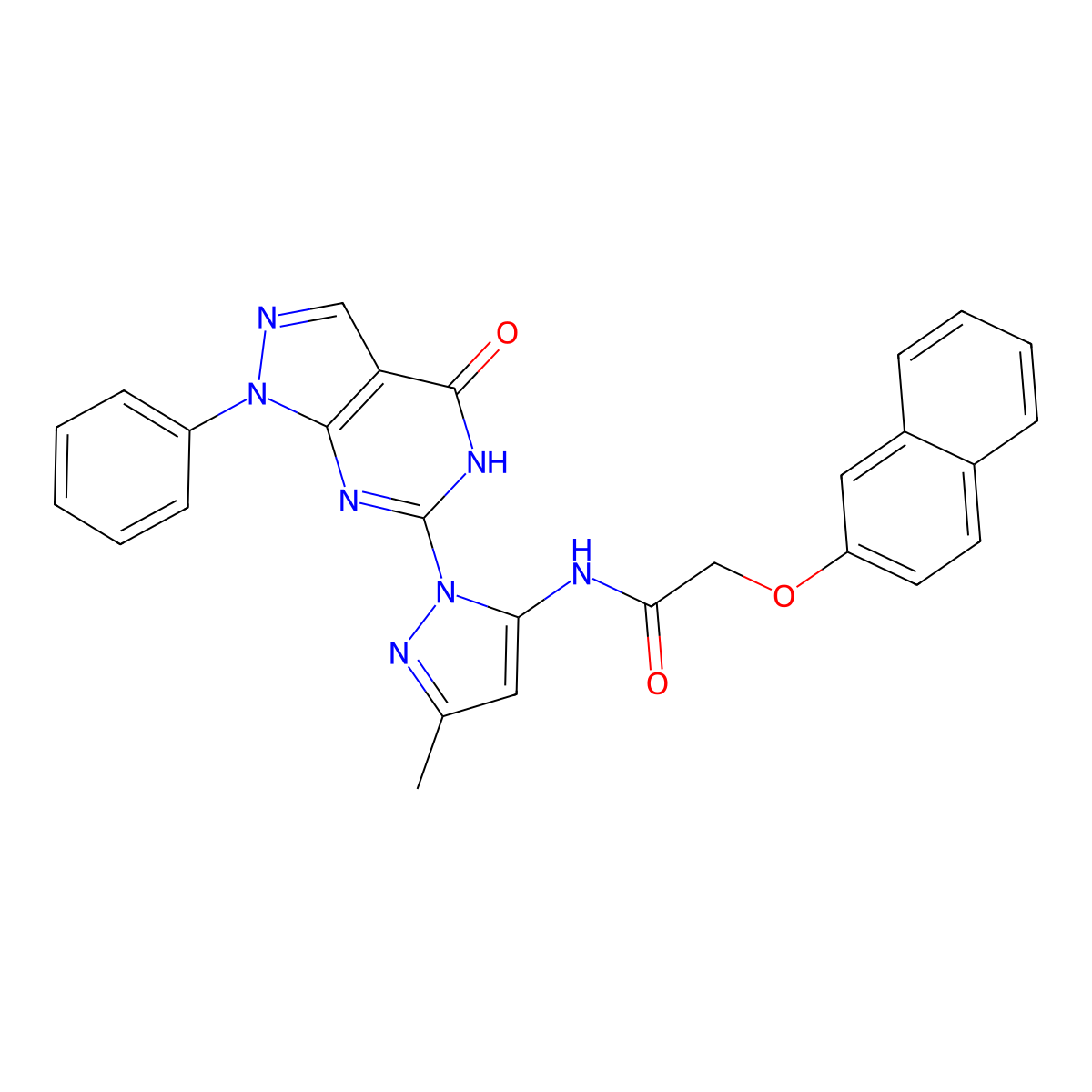 N-(3-methyl-1-(4-oxo-1-phenyl-4,5-dihydro-1H-pyrazolo[3,4-d]pyrimidin-6-yl)-1H-pyrazol-5-yl)-2-(naphthalen-2-yloxy)acetamide molecular structure, CAS 1019097-61-0