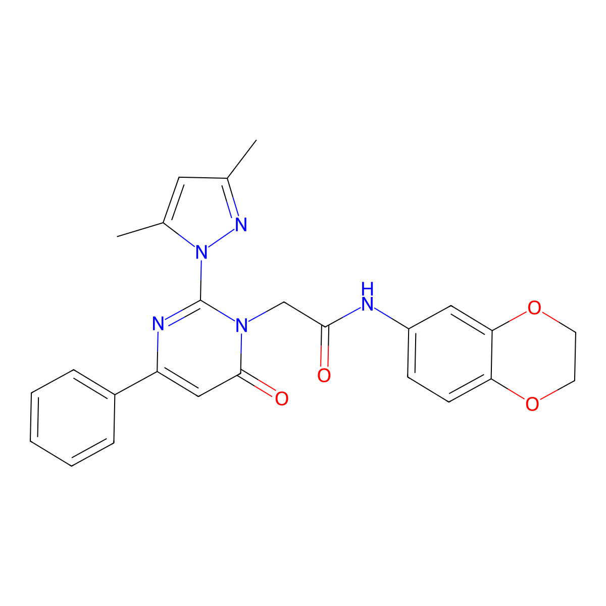 N-(2,3-dihydro-1,4-benzodioxin-6-yl)-2-[2-(3,5-dimethyl-1H-pyrazol-1-yl)-6-oxo-4-phenyl-1,6-dihydropyrimidin-1-yl]acetamide molecular structure, CAS 1019097-72-3