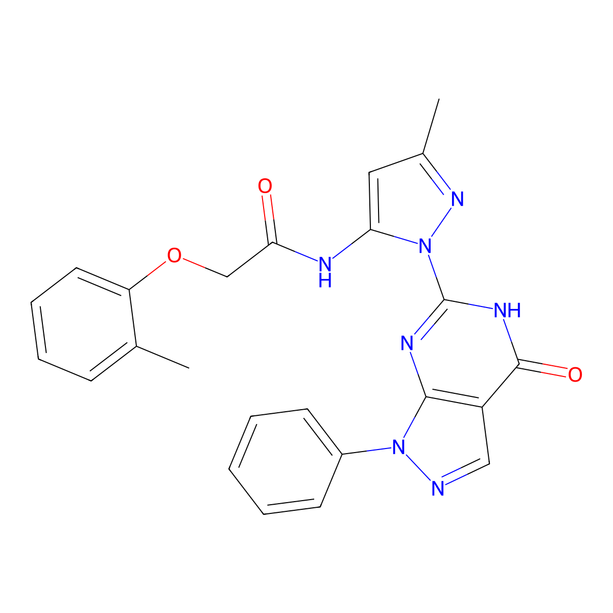 N-(3-methyl-1-(4-oxo-1-phenyl-4,5-dihydro-1H-pyrazolo[3,4-d]pyrimidin-6-yl)-1H-pyrazol-5-yl)-2-(o-tolyloxy)acetamide molecular structure, CAS 1019097-75-6