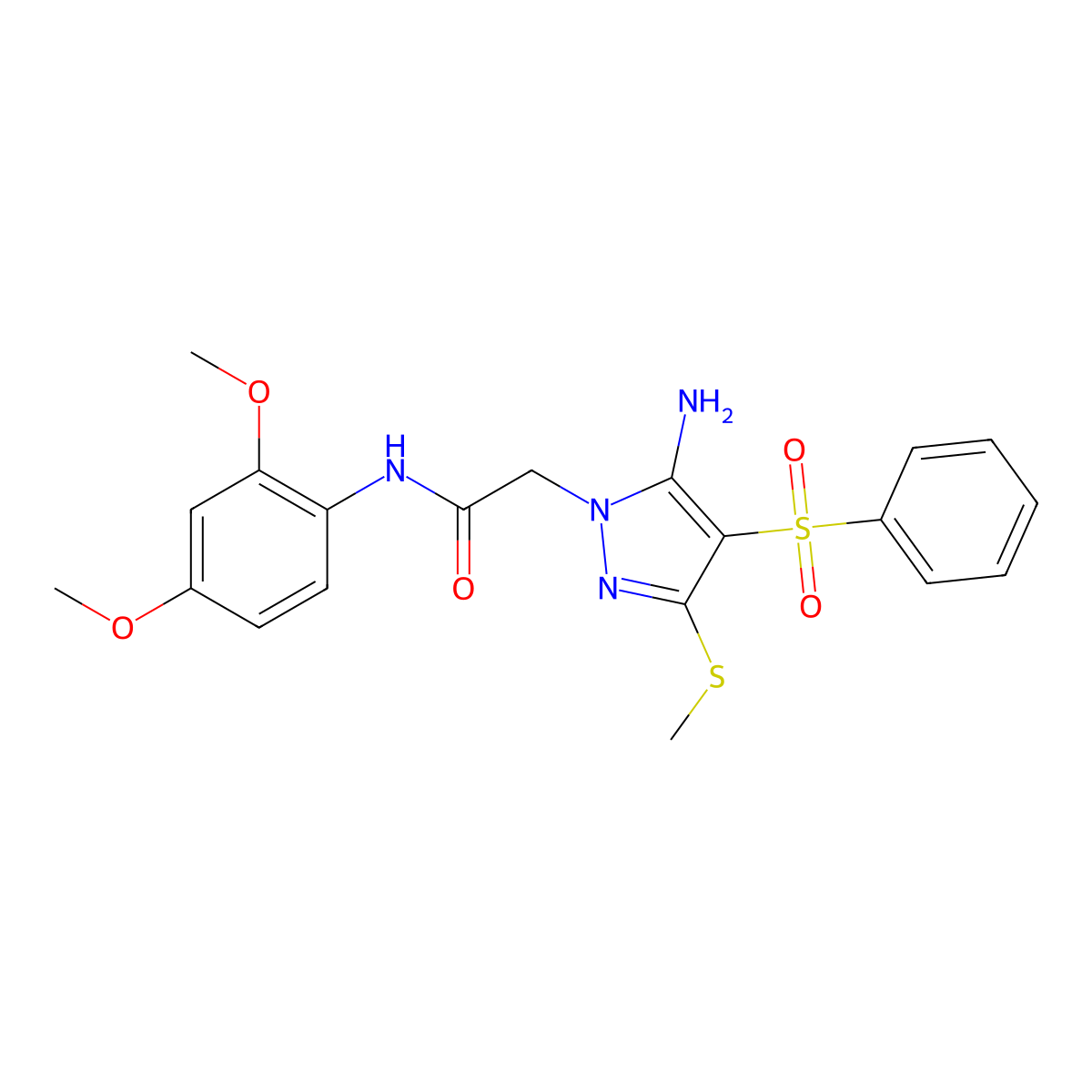 2-(5-amino-3-(methylthio)-4-(phenylsulfonyl)-1H-pyrazol-1-yl)-N-(2,4-dimethoxyphenyl)acetamide molecular structure, CAS 1019097-77-8