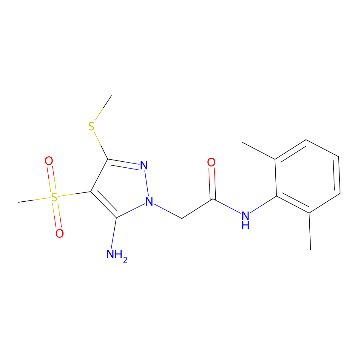2-(5-amino-4-(methylsulfonyl)-3-(methylthio)-1H-pyrazol-1-yl)-N-(2,6-dimethylphenyl)acetamide molecular structure, CAS 1019097-83-6