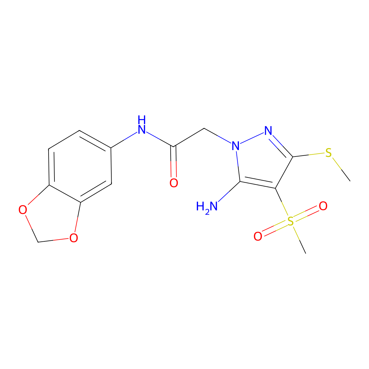 2-[5-amino-4-(methylsulfonyl)-3-(methylthio)-1H-pyrazol-1-yl]-N-1,3-benzodioxol-5-ylacetamide molecular structure, CAS 1019097-86-9