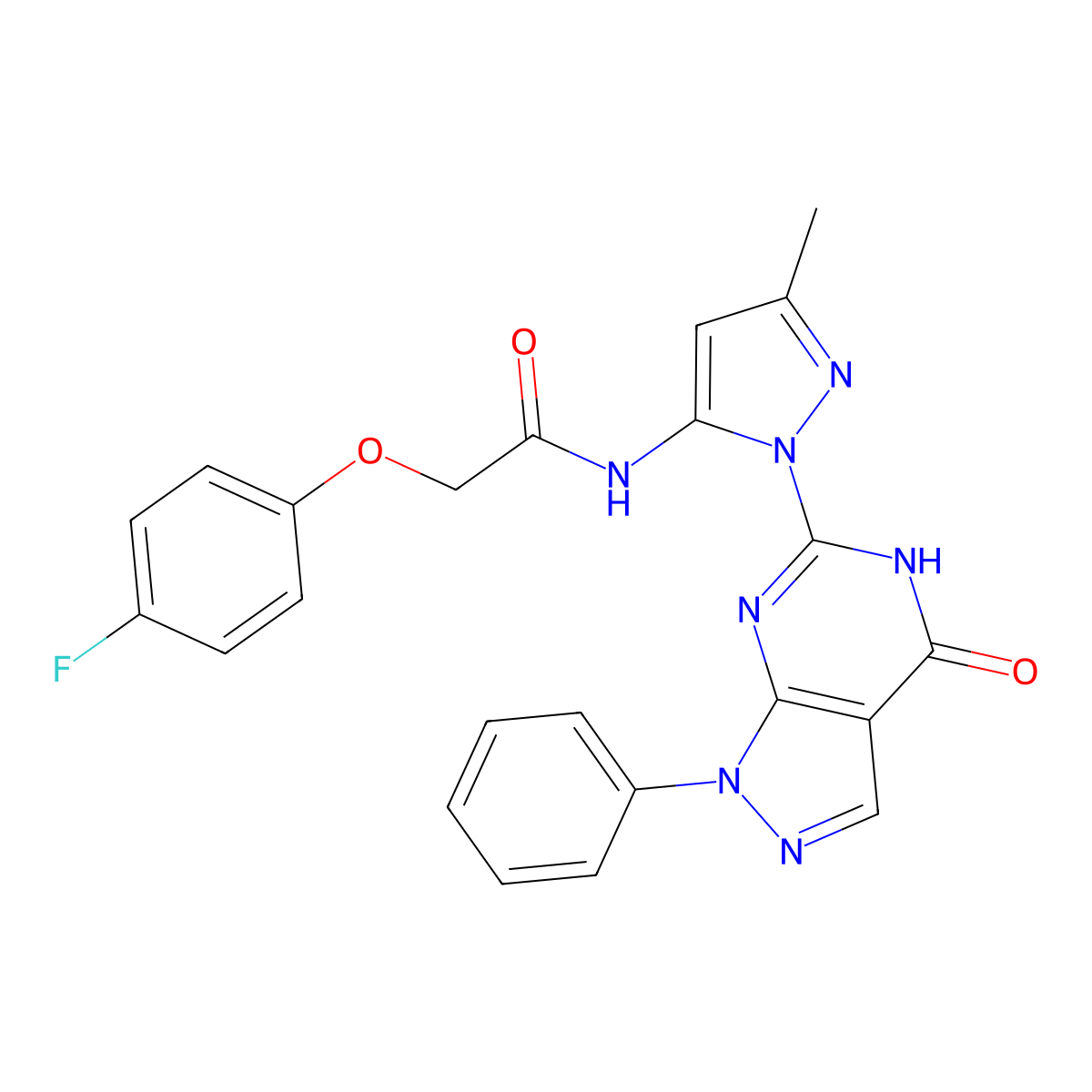 2-(4-fluorophenoxy)-N-(3-methyl-1-(4-oxo-1-phenyl-4,5-dihydro-1H-pyrazolo[3,4-d]pyrimidin-6-yl)-1H-pyrazol-5-yl)acetamide molecular structure, CAS 1019097-90-5