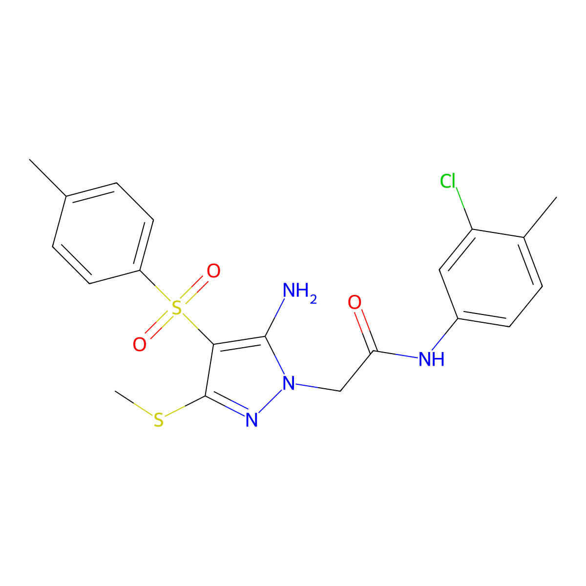 2-(5-amino-3-(methylthio)-4-tosyl-1H-pyrazol-1-yl)-N-(3-chloro-4-methylphenyl)acetamide molecular structure, CAS 1019097-92-7
