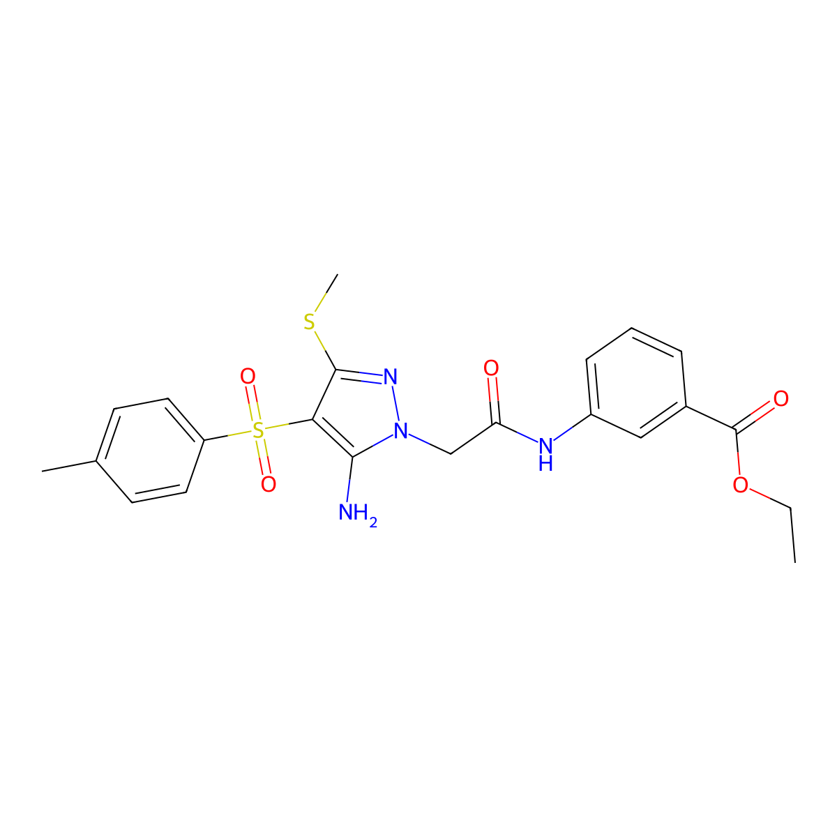 ethyl 3-(2-(5-amino-3-(methylthio)-4-tosyl-1H-pyrazol-1-yl)acetamido)benzoate molecular structure, CAS 1019097-95-0