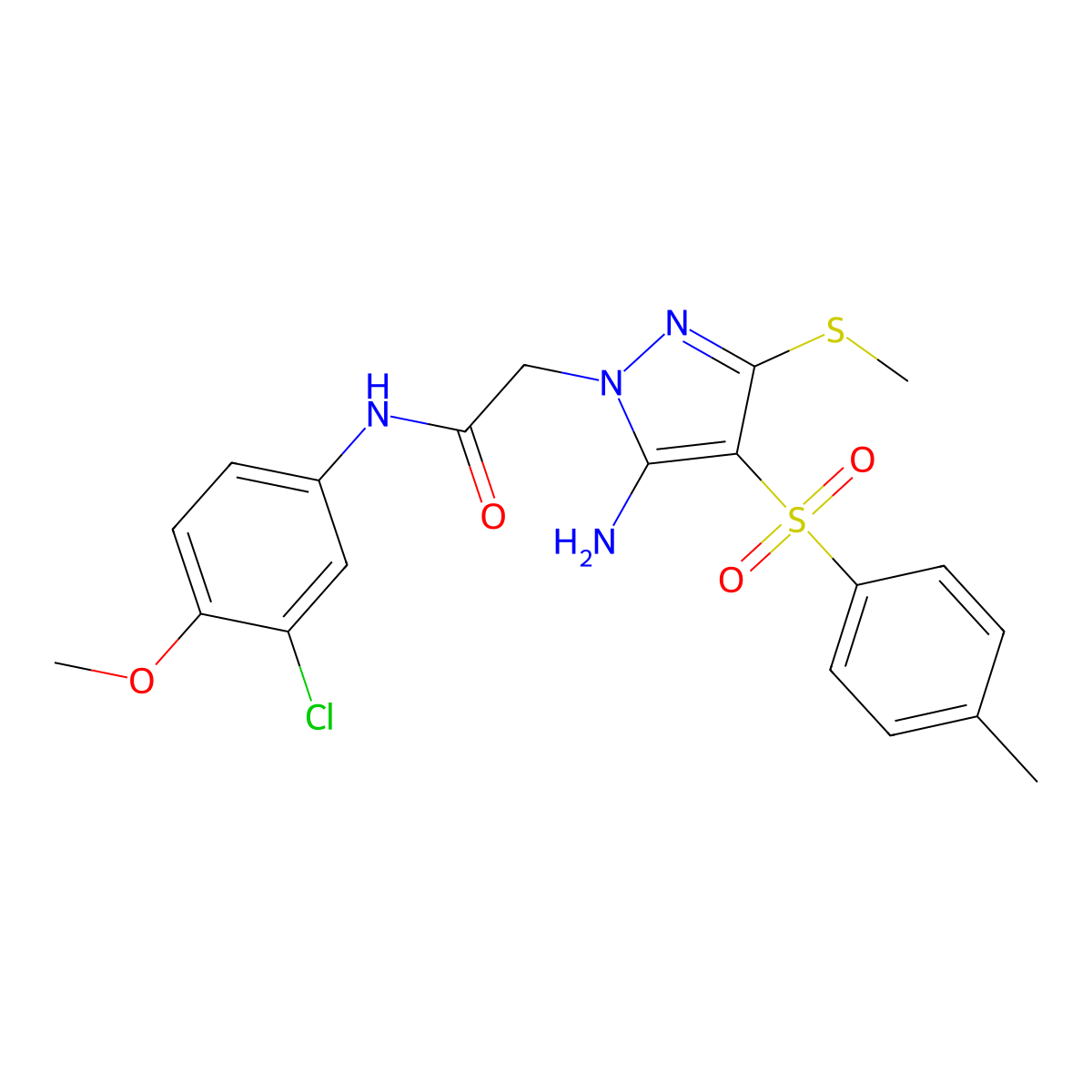 2-(5-amino-3-(methylthio)-4-tosyl-1H-pyrazol-1-yl)-N-(3-chloro-4-methoxyphenyl)acetamide molecular structure, CAS 1019097-98-3