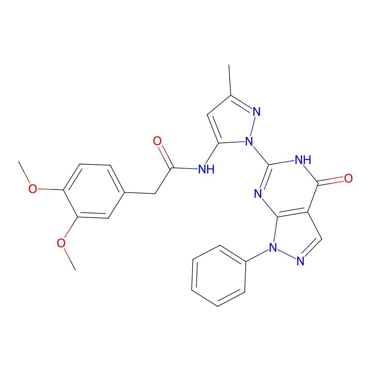 2-(3,4-dimethoxyphenyl)-N-(3-methyl-1-(4-oxo-1-phenyl-4,5-dihydro-1H-pyrazolo[3,4-d]pyrimidin-6-yl)-1H-pyrazol-5-yl)acetamide molecular structure, CAS 1019097-99-4