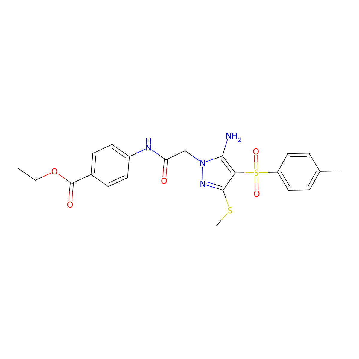 ethyl 4-(2-(5-amino-3-(methylthio)-4-tosyl-1H-pyrazol-1-yl)acetamido)benzoate molecular structure, CAS 1019098-01-1