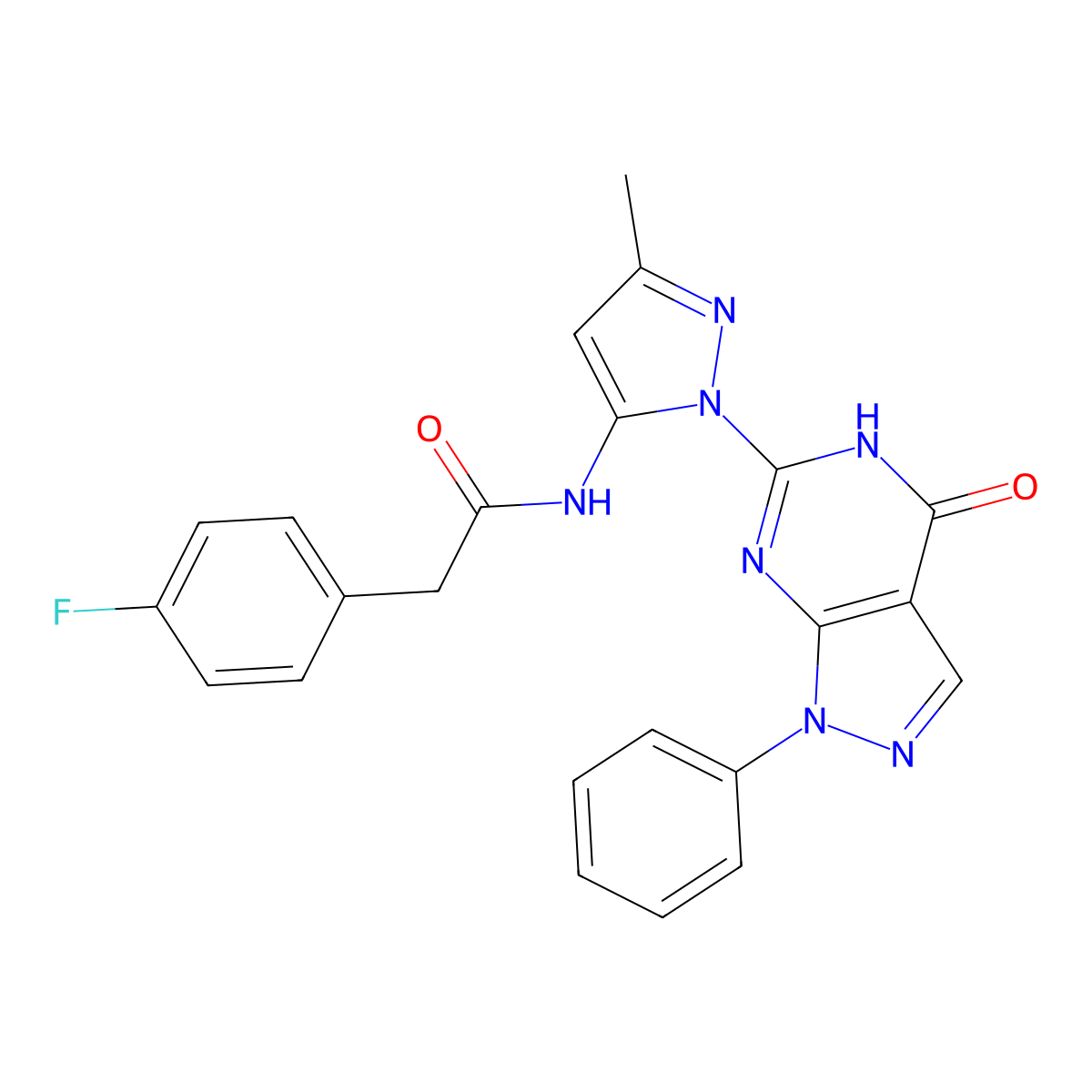 2-(4-fluorophenyl)-N-(3-methyl-1-(4-oxo-1-phenyl-4,5-dihydro-1H-pyrazolo[3,4-d]pyrimidin-6-yl)-1H-pyrazol-5-yl)acetamide molecular structure, CAS 1019098-02-2