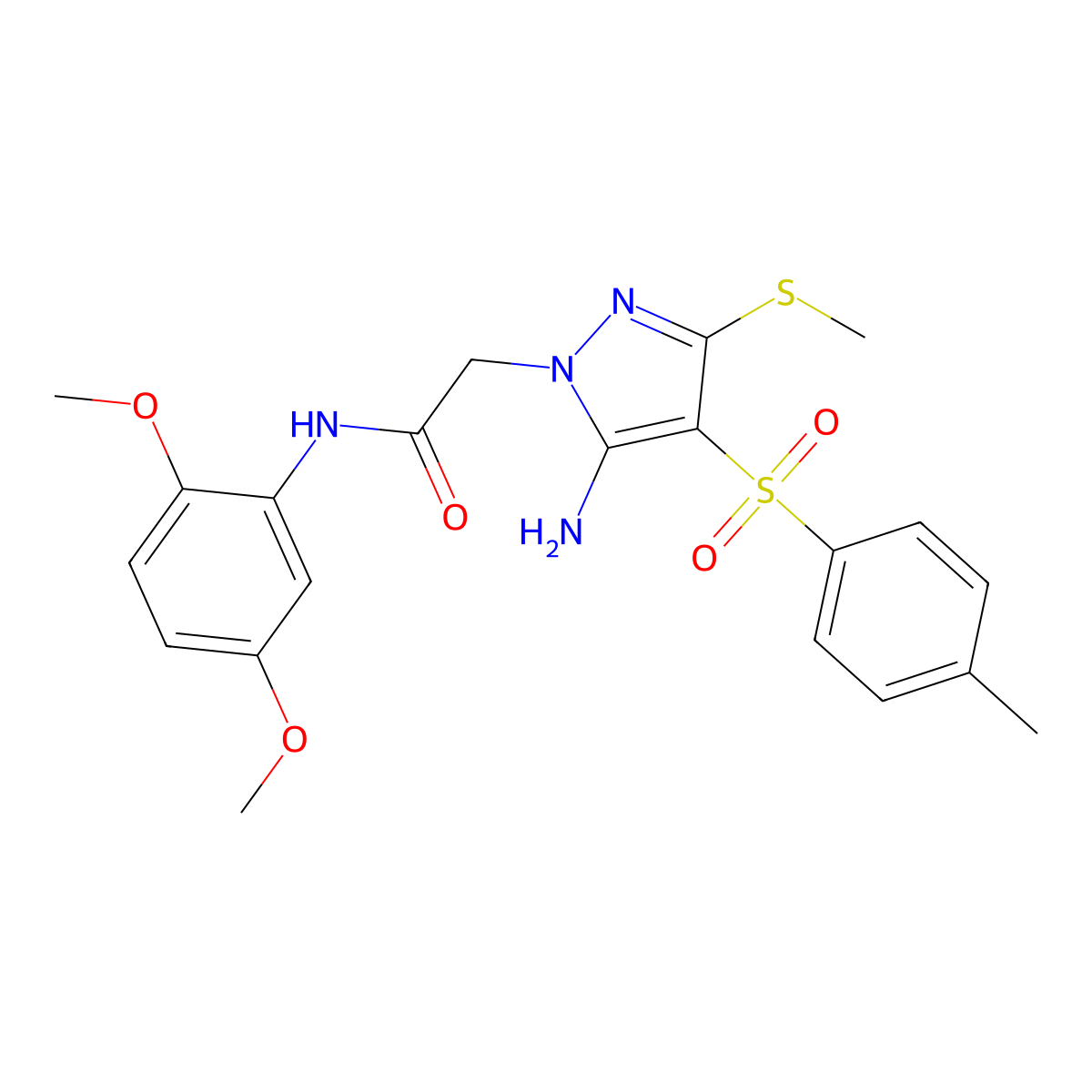 2-(5-amino-3-(methylthio)-4-tosyl-1H-pyrazol-1-yl)-N-(2,5-dimethoxyphenyl)acetamide molecular structure, CAS 1019098-04-4